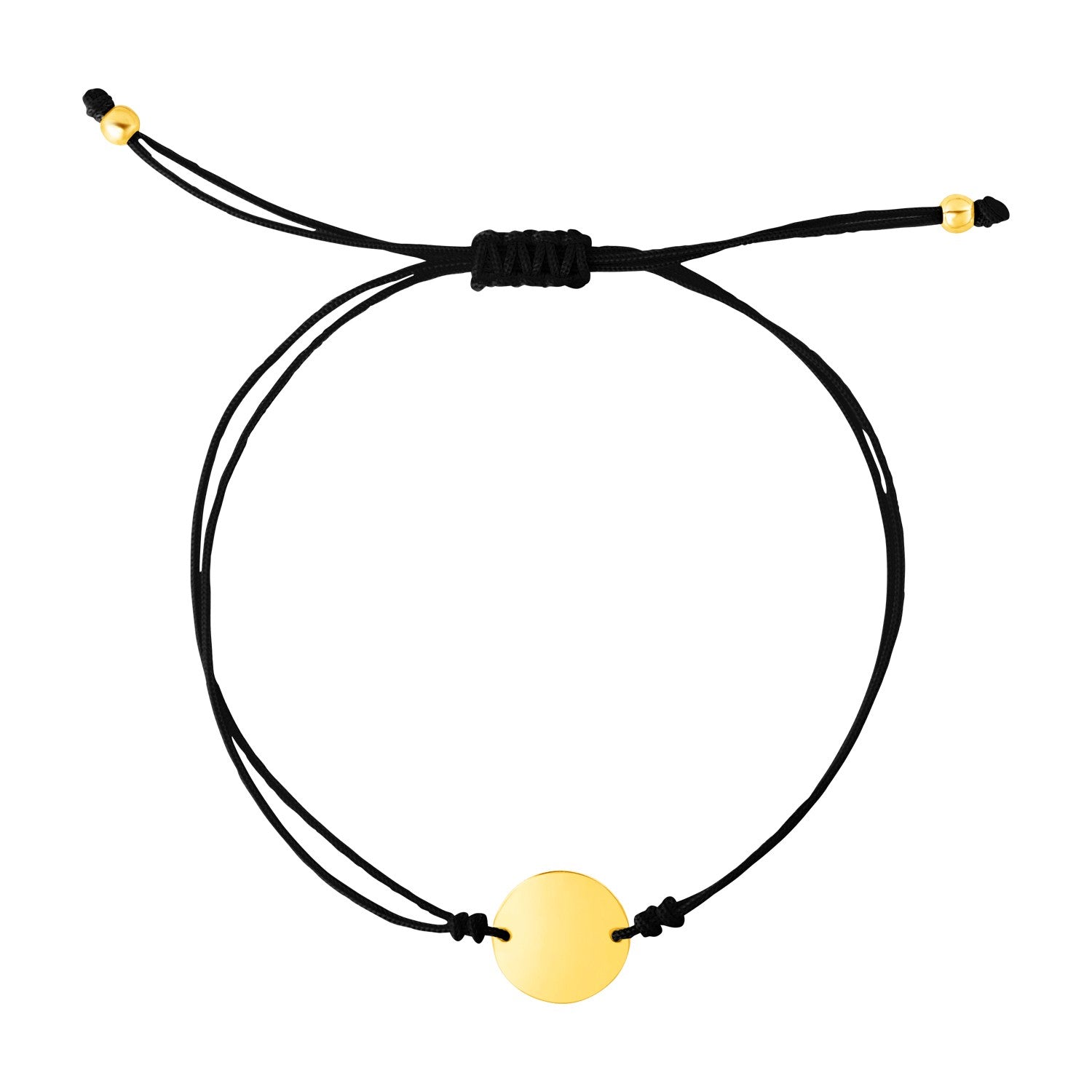 9 1/4 inch Black Cord Adjustable Bracelet with 14k Yellow Gold Circle in a sleek high-contrast midnight luxury editorial styl