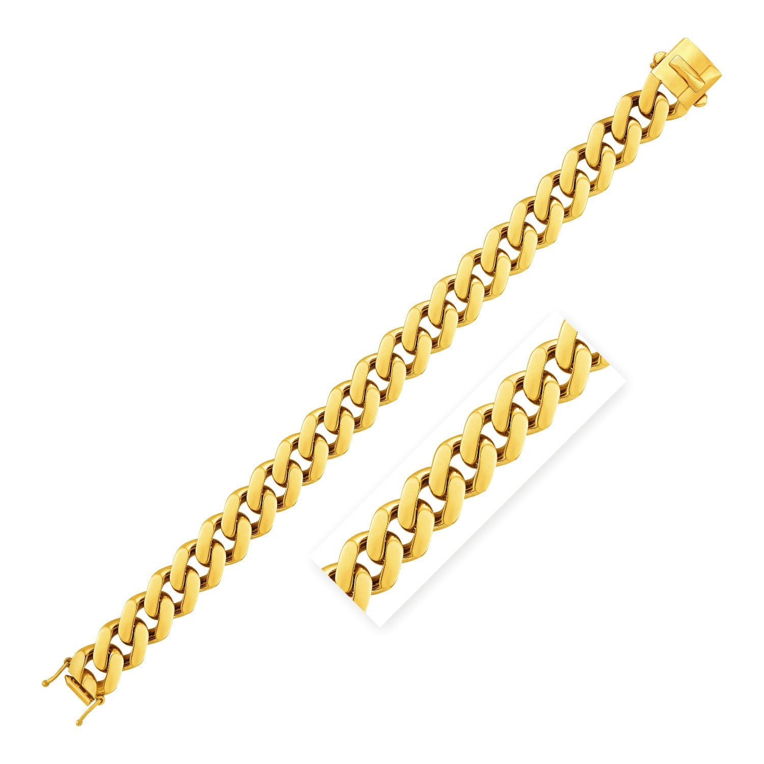 14k Yellow Gold 8 1/2 inch Wide Polished Curb Chain Bracelet (13.50 mm) in a sleek high-contrast midnight luxury editorial st