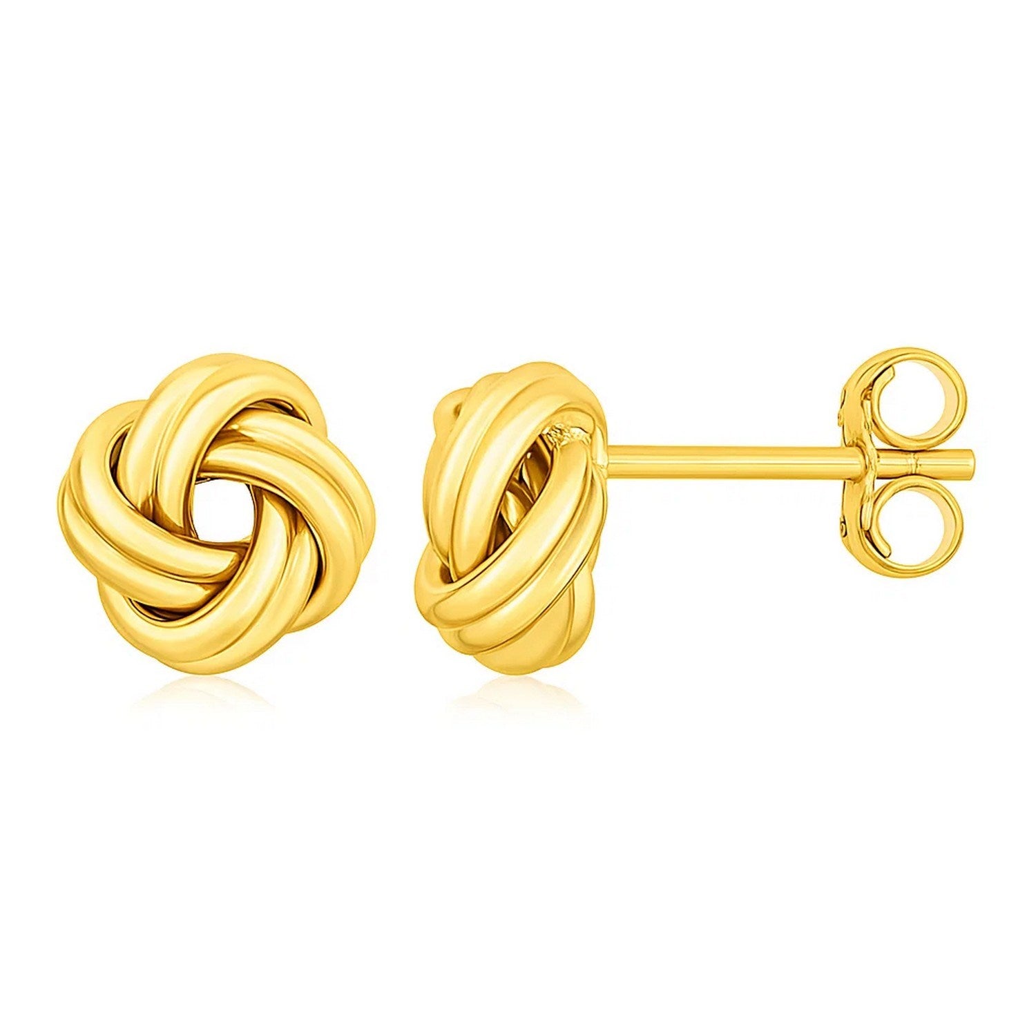 Love Knot Post Earrings in 14k Yellow Gold in a sleek high-contrast midnight luxury editorial style