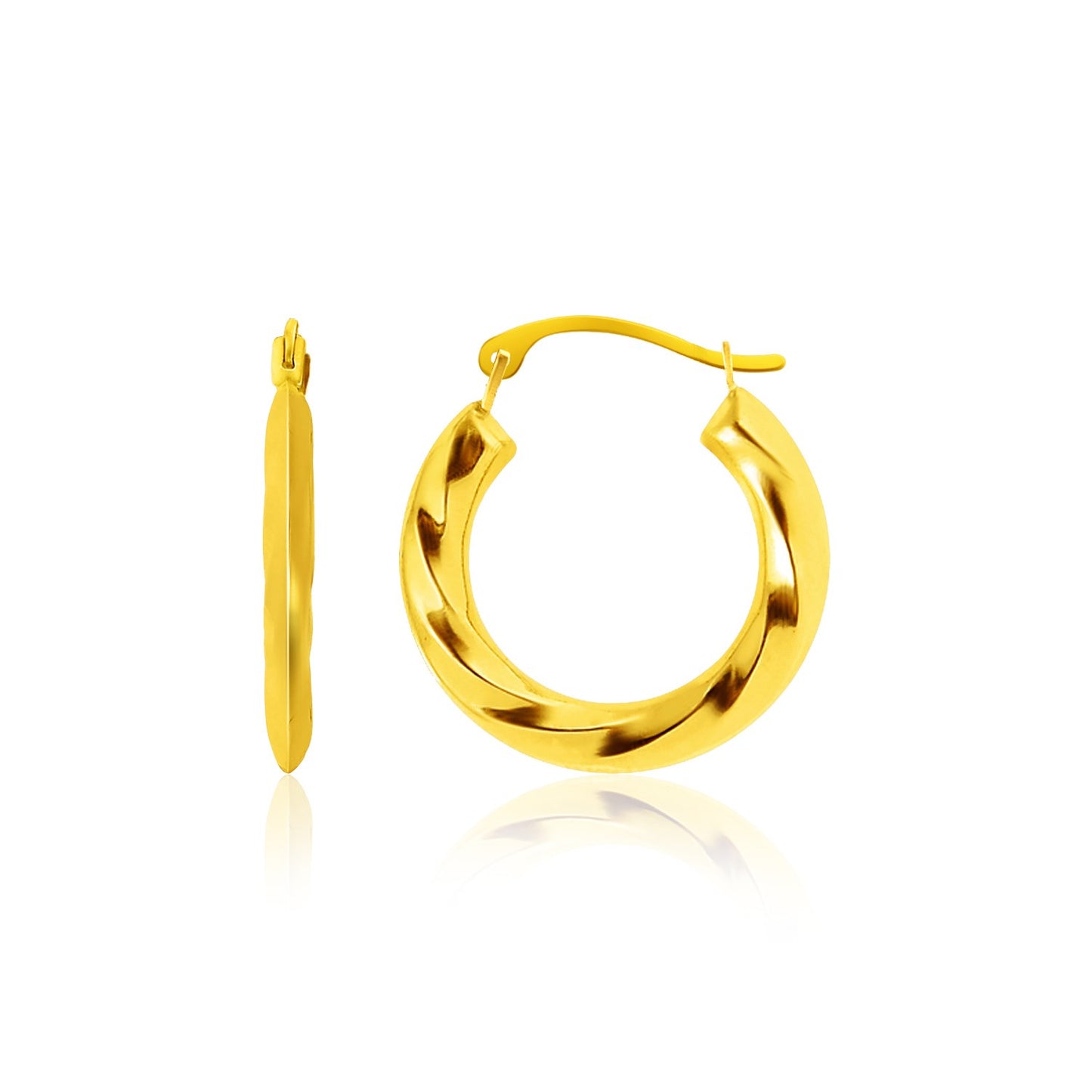 14k Yellow Gold Wavy Texture Hoop Earrings in a sleek high-contrast midnight luxury editorial style