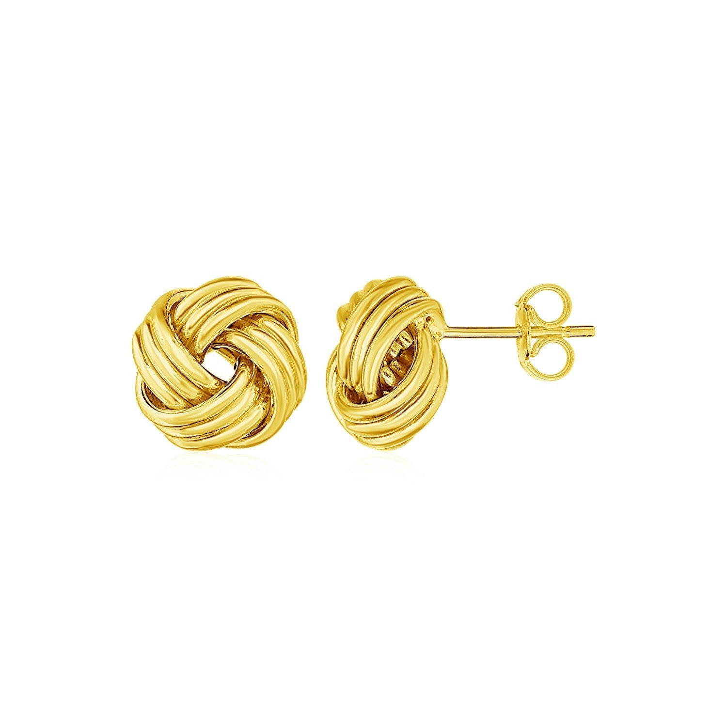Love Knot Post Earrings in 14k Yellow Gold in a sleek high-contrast midnight luxury editorial style
