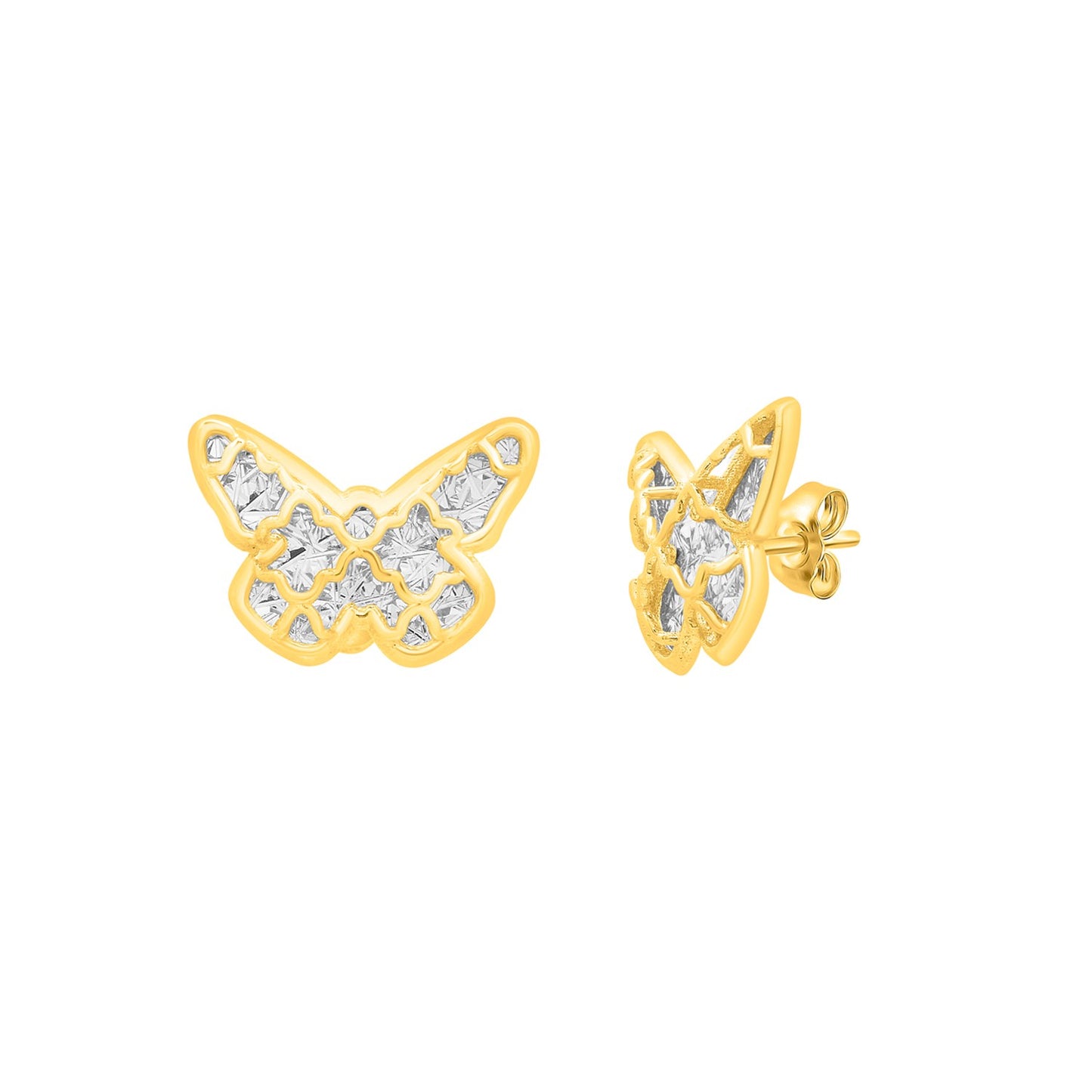 Checkered Butterfly Earrings in 14K Yellow Gold in a sleek high-contrast midnight luxury editorial style