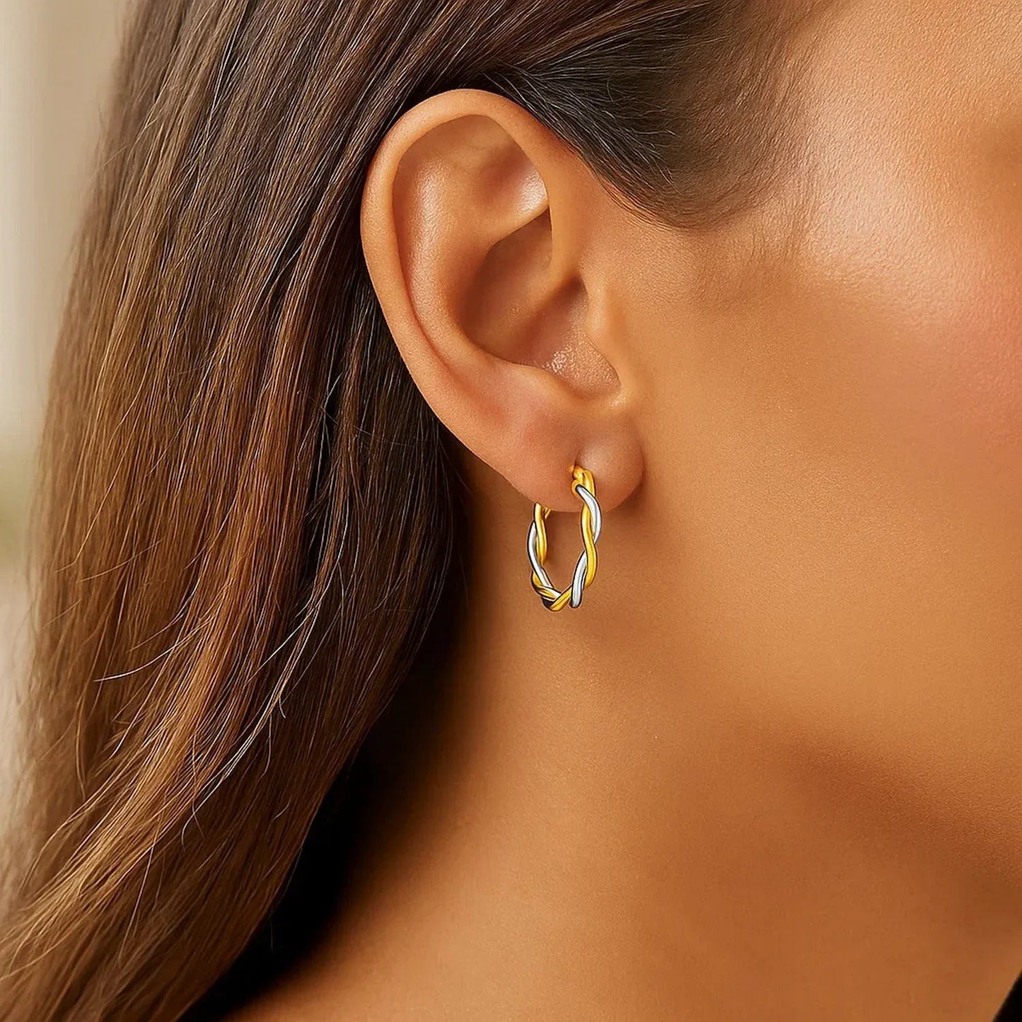 Two-Tone Twisted Wire Round Hoop Earrings in 10k Yellow and White Gold(3x15mm) - Peelerie