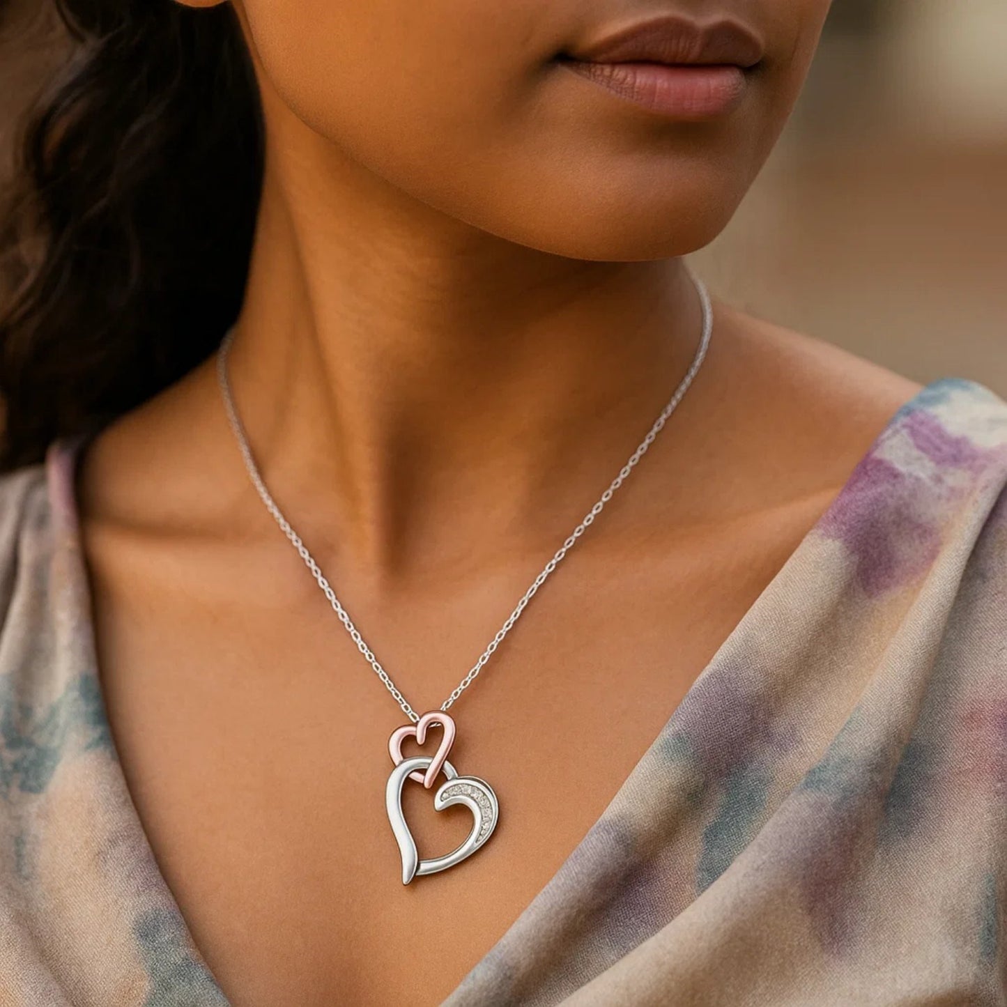 Sterling Silver Cascading Dual Heart Diamond Accented Pendant (.02 cttw) - Peelerie