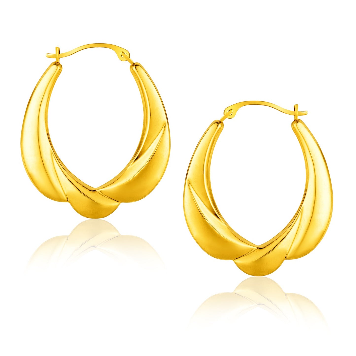 14K Yellow Gold Scallop Motif Graduated Oval Hoop Earrings in a sleek high-contrast midnight luxury editorial style