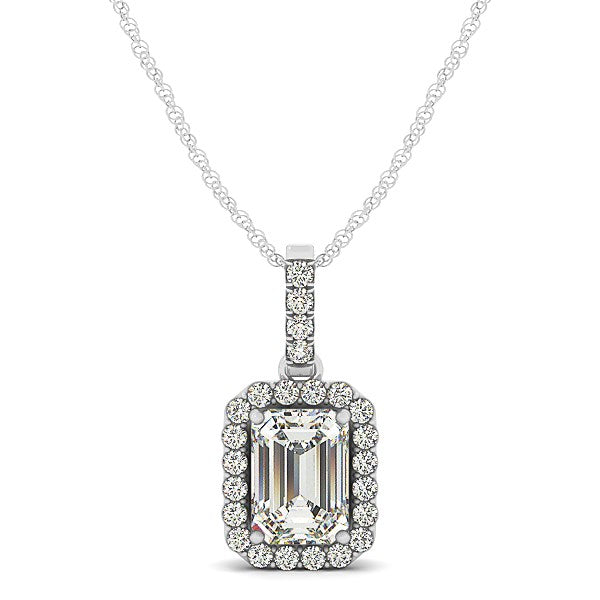 Halo Pendant With Emerald Center Diamond in 14k White Gold (1 1/5 cttw) in a sleek high-contrast midnight luxury editorial st