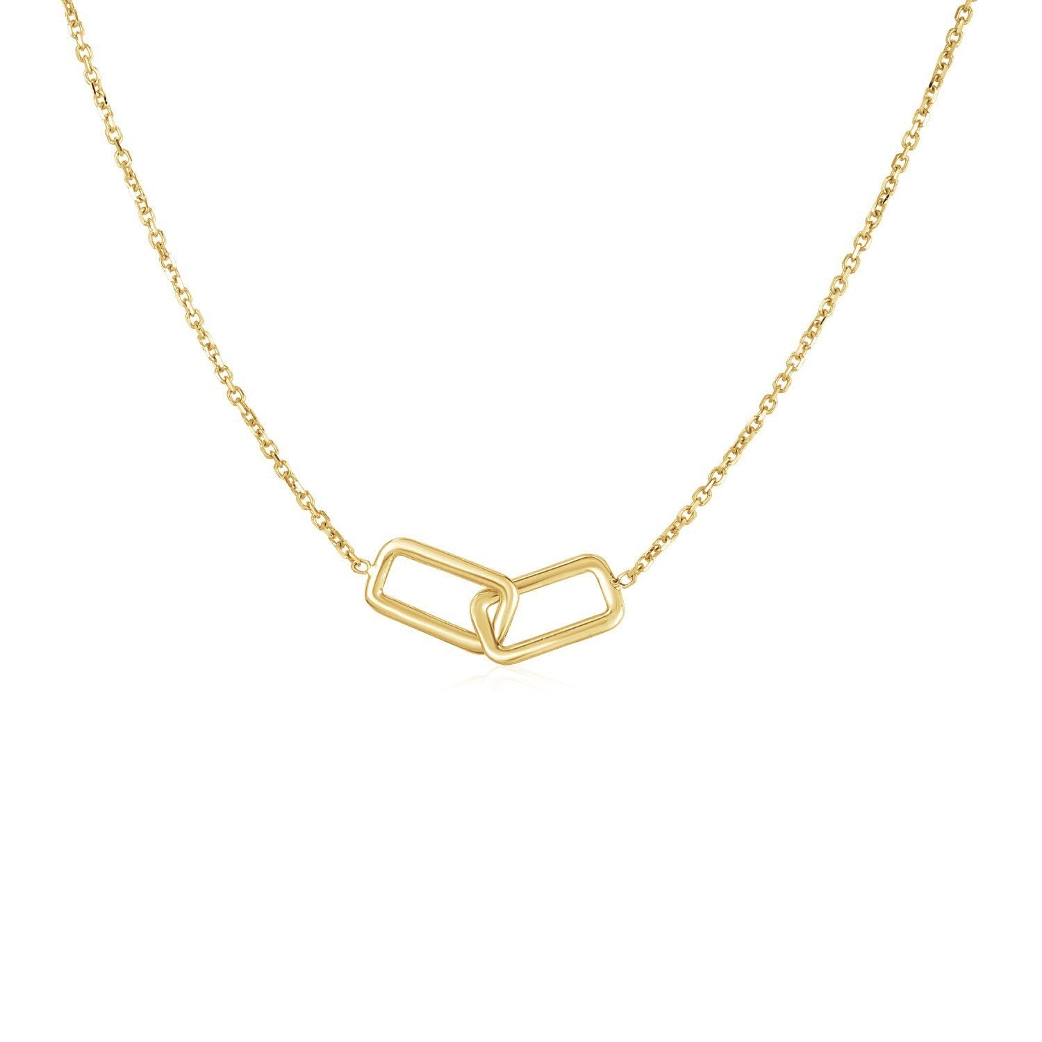 14k Yellow Gold Necklace with Interlocking Petite Rectangles in a sleek high-contrast midnight luxury editorial style
