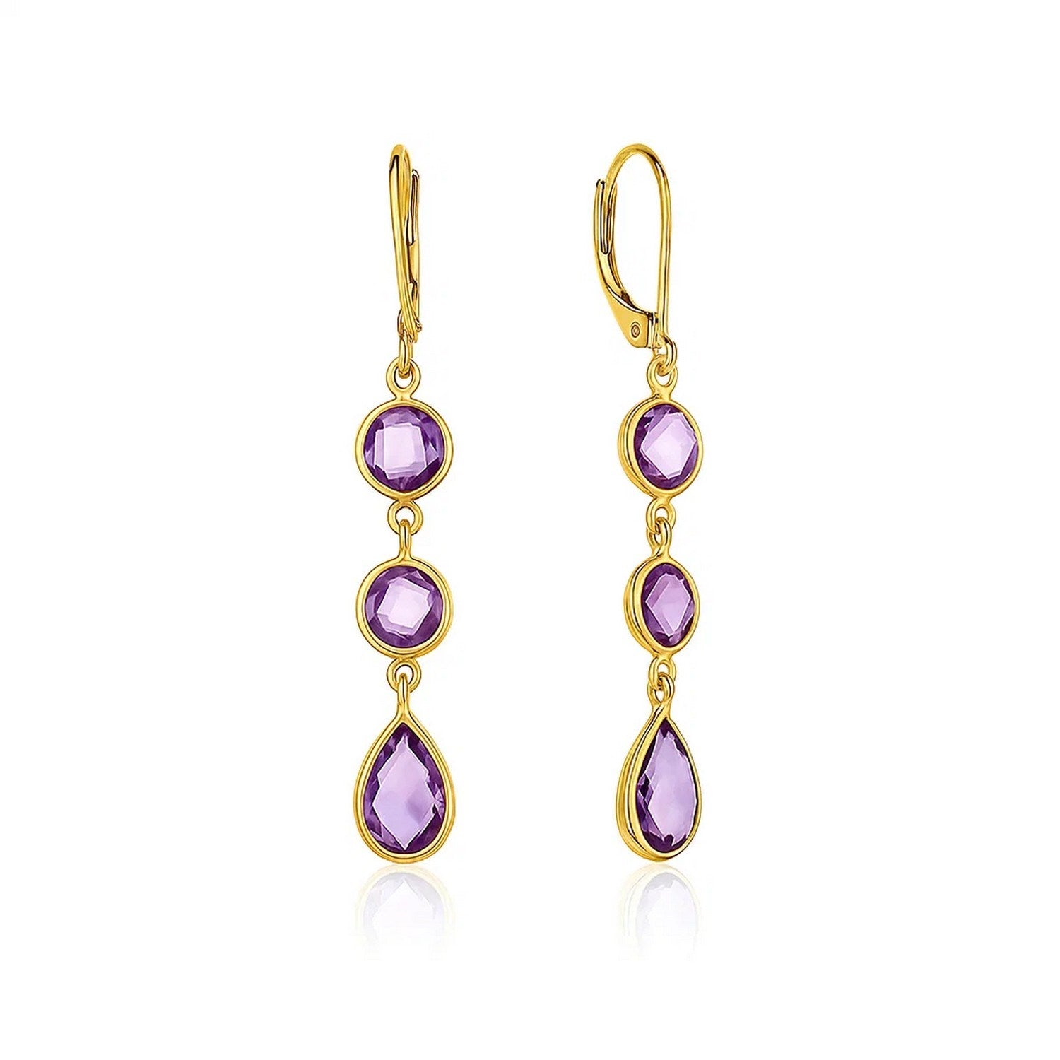Drop Earrings with Round and Pear-Shaped Amethysts in 14k Yellow Gold in a sleek high-contrast midnight luxury editorial styl