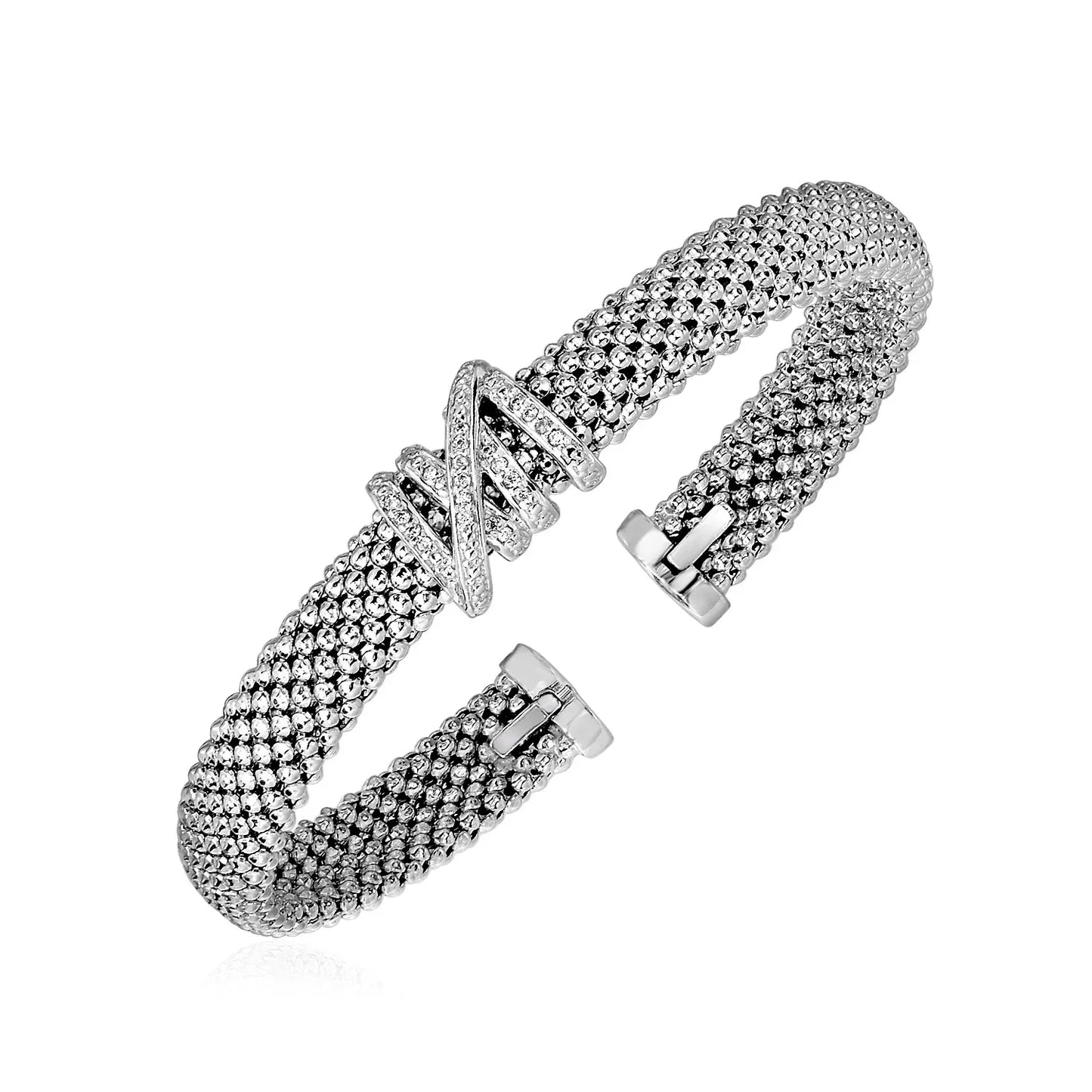 Popcorn Texture Cuff Bangle with Diamonds in Sterling Silver (8.00 mm) - Peelerie