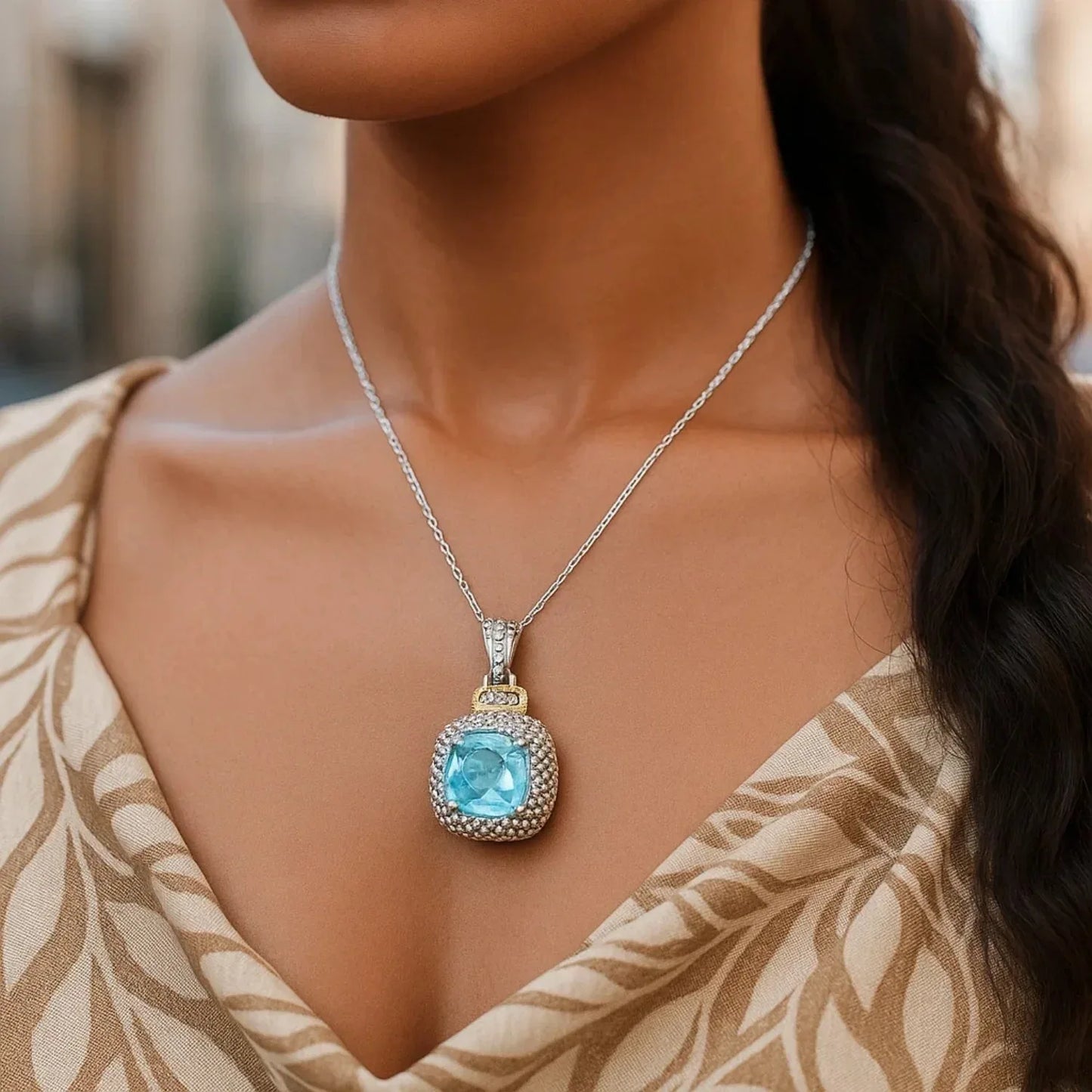 18k Yellow Gold & Sterling Silver Popcorn Sky Blue Topaz and Diamond Pendant - Peelerie