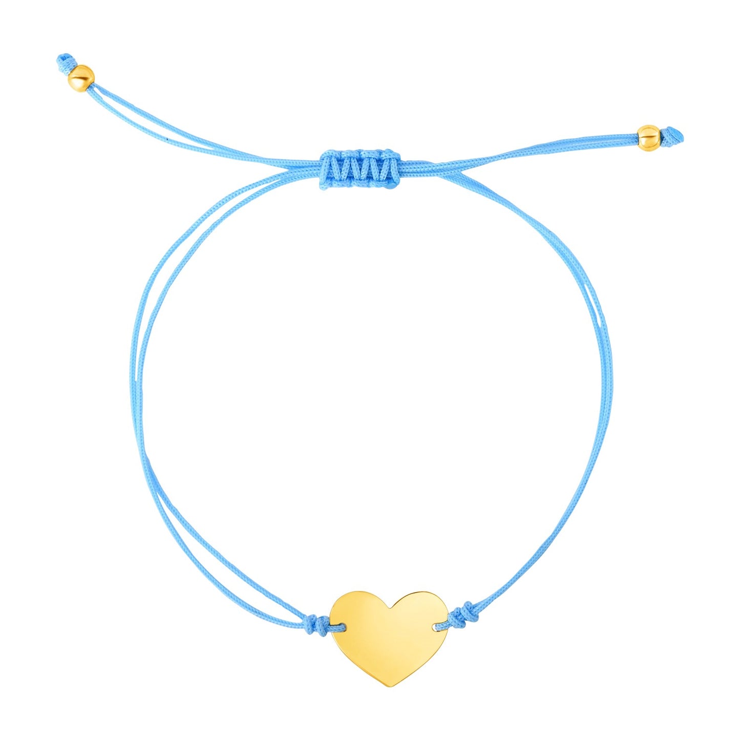 9 1/4 inch Blue Cord Adjustable Bracelet with 14k yellow Gold Heart in a sleek high-contrast midnight luxury editorial style