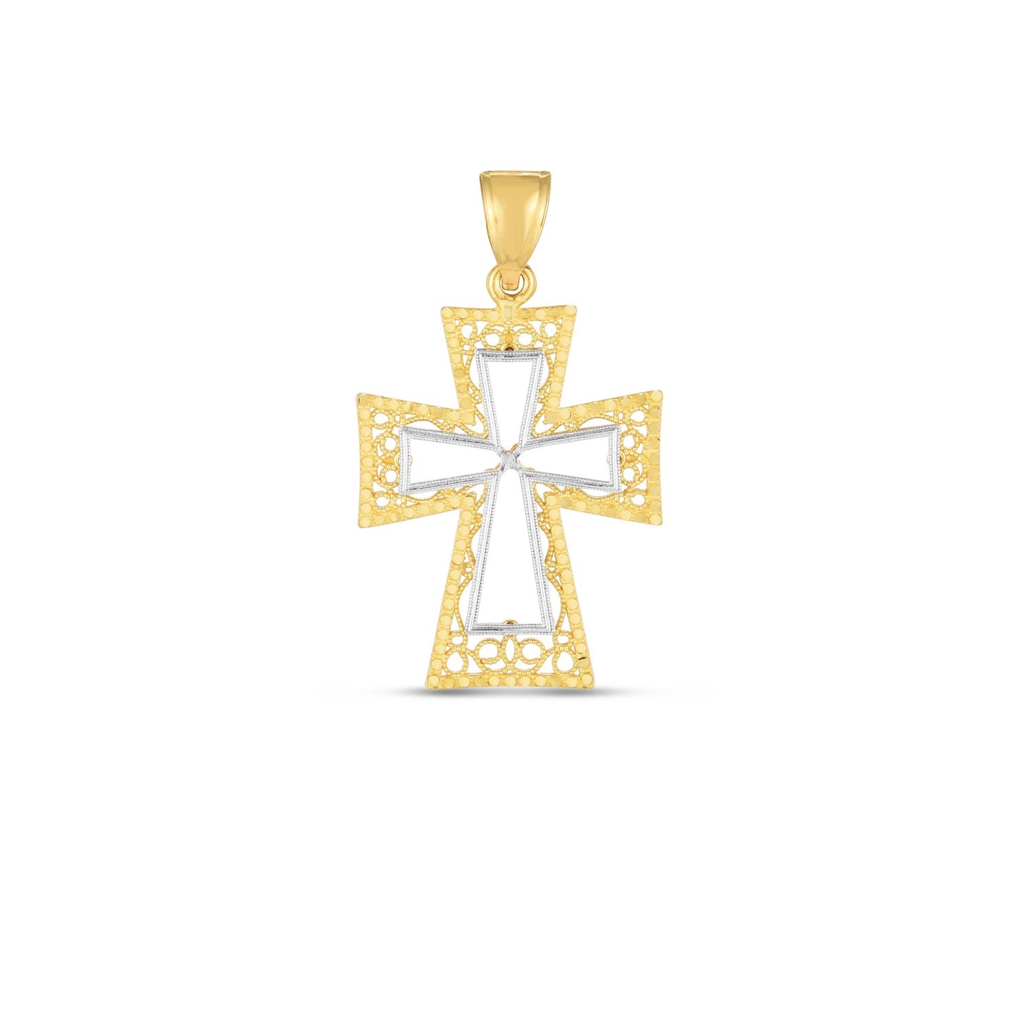14k Two Tone Gold High Polish Diamond Cut Cross Pendant in a sleek high-contrast midnight luxury editorial style