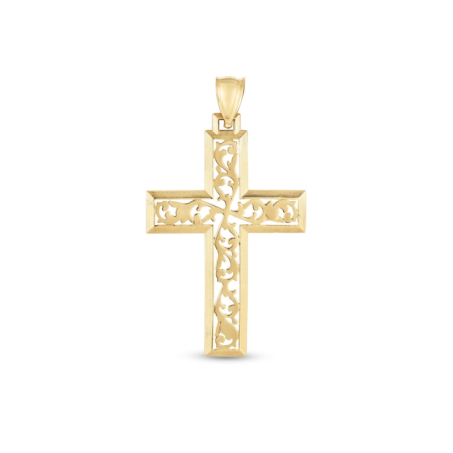 14k Yellow Gold High Polish Vine Cross Pendant in a sleek high-contrast midnight luxury editorial style