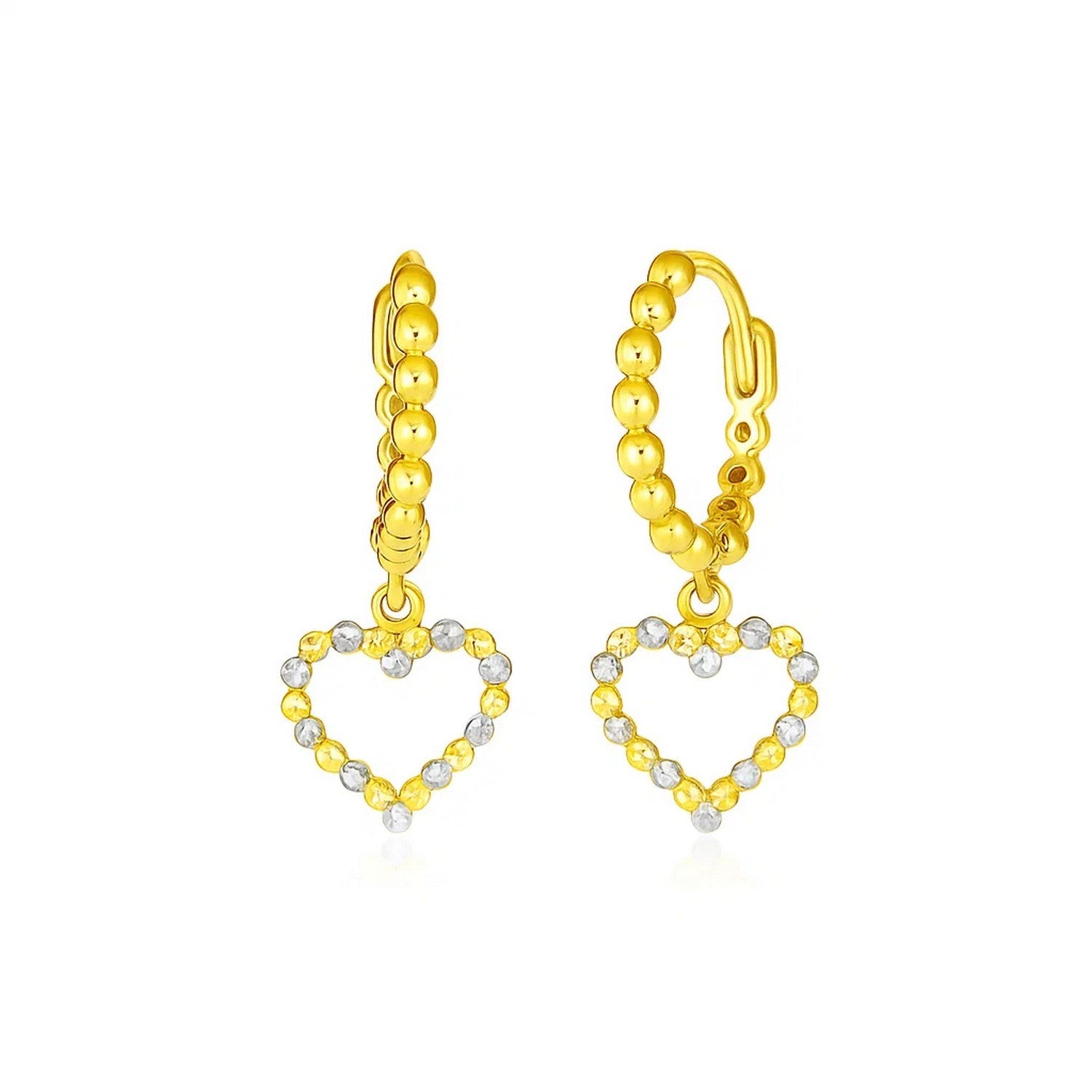 14k Two Tone Gold Beaded Hoop Earrings with Hearts in a sleek high-contrast midnight luxury editorial style