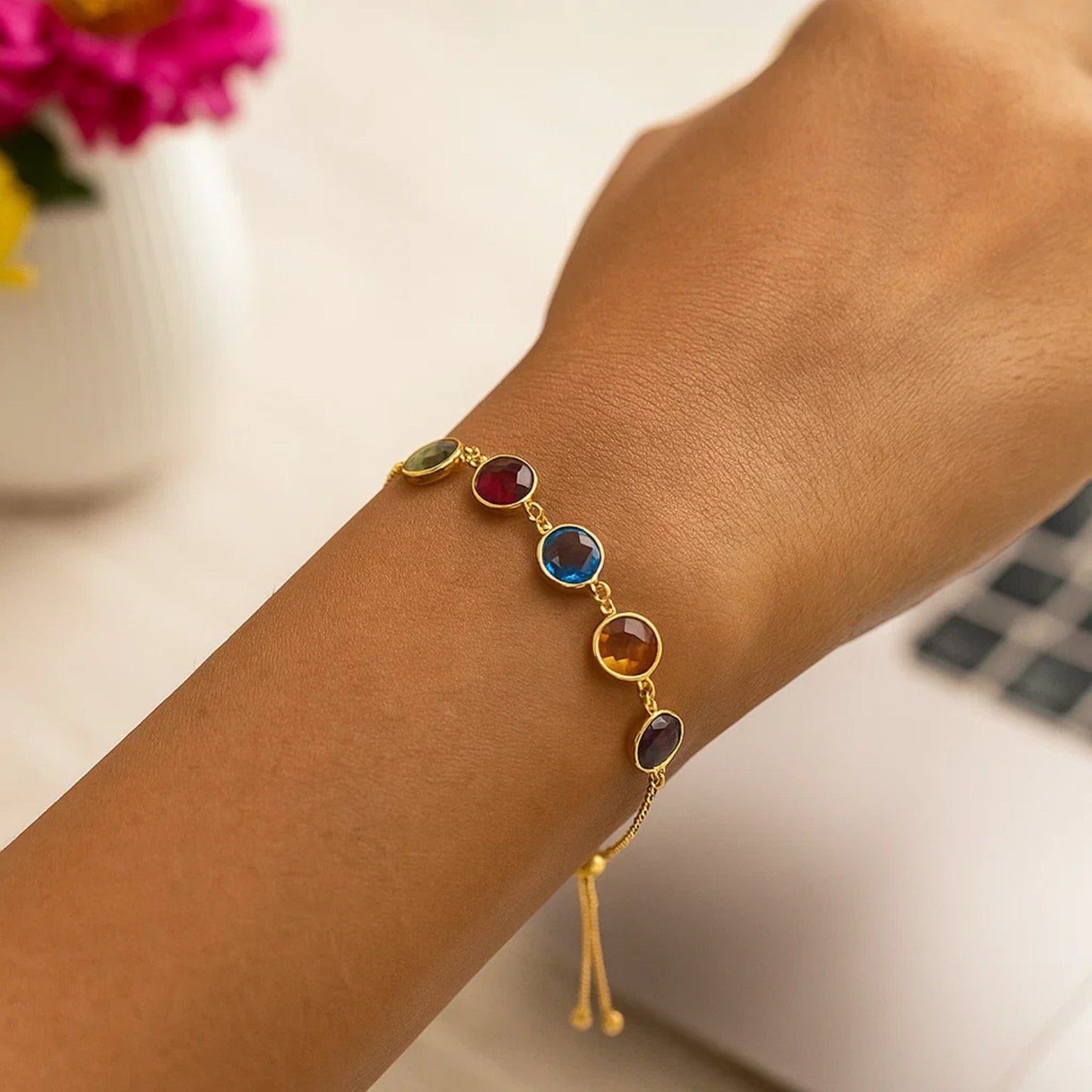 Adjustable Bracelet with Multicolored Round Gemstones in 14k Yellow Gold(1.00mm)