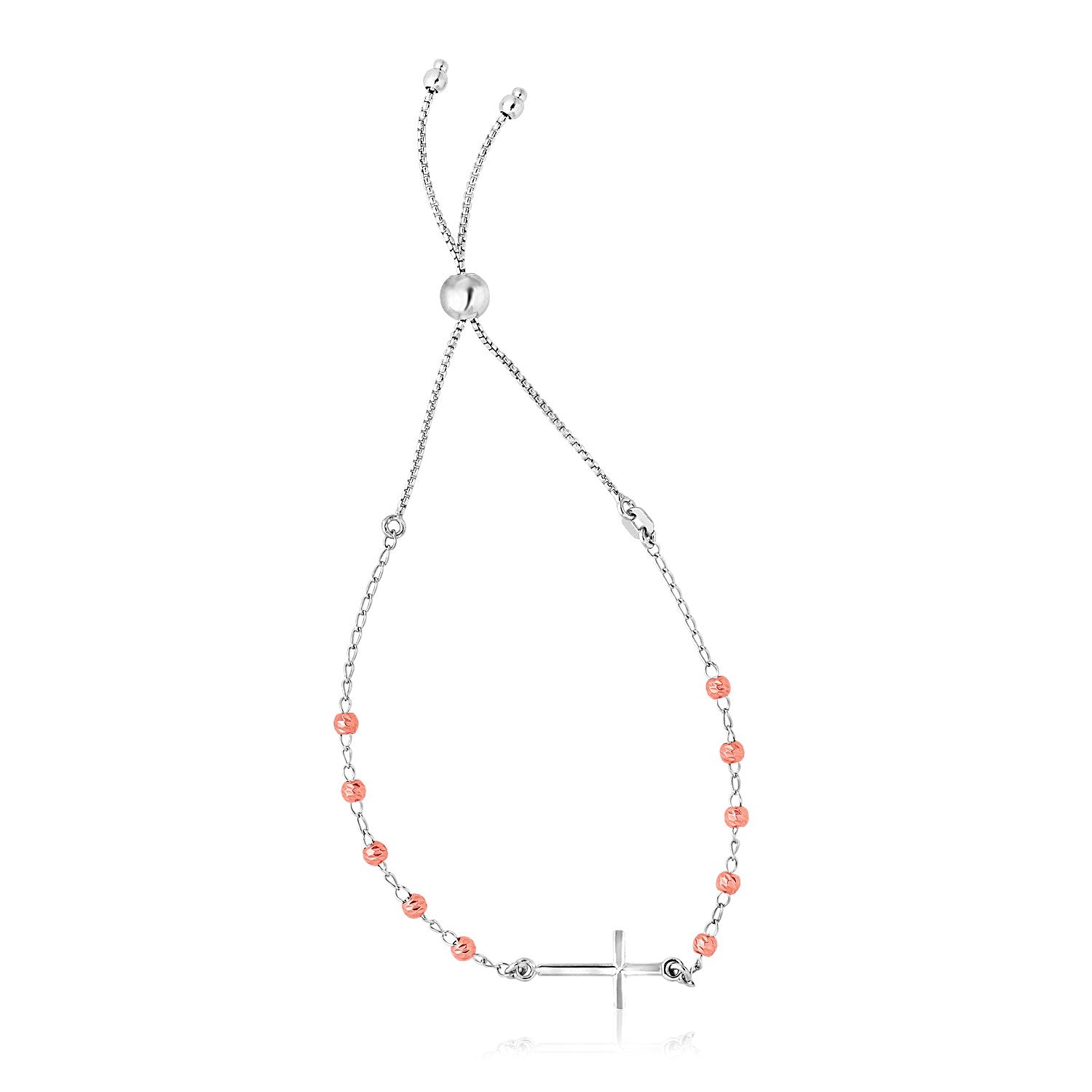 Sterling Silver White and Rose Finish Adjustable Bracelet with Cross (1.20 mm) in a sleek high-contrast midnight luxury edito