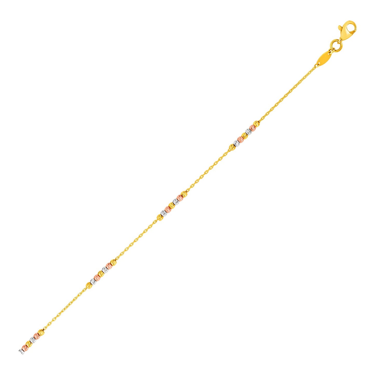14k Tri Color Gold Anklet with Textured Beads in a sleek high-contrast midnight luxury editorial style