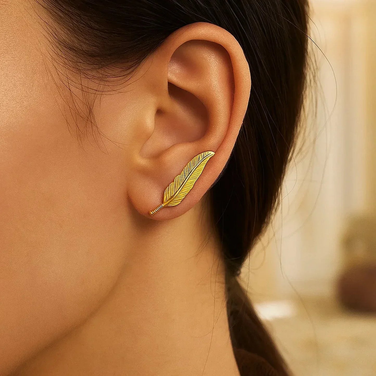 Textured Feather Climber Earrings in 14k Yellow Gold - Peelerie