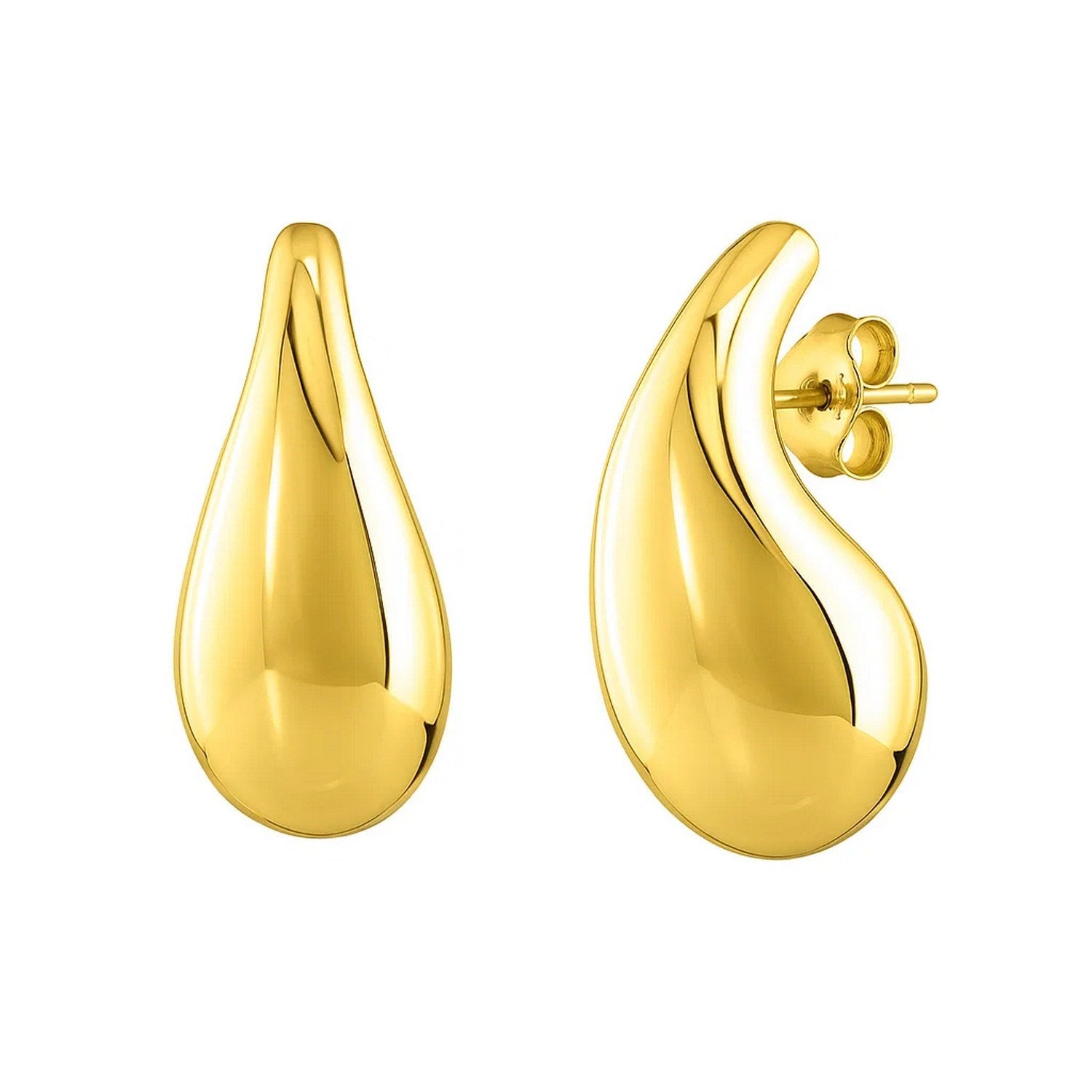 Large Raindrop Stud Earrings in 14K Yellow Gold in a sleek high-contrast midnight luxury editorial style