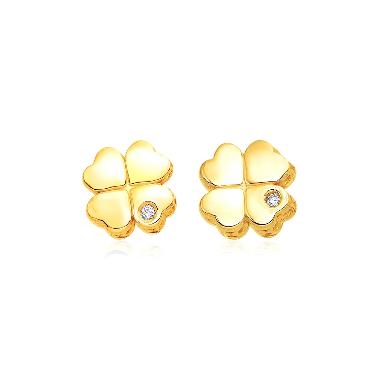 14k Yellow Gold Polished Four Leaf Clover Earrings with Diamonds(7mm) in a sleek high-contrast midnight luxury editorial styl