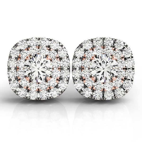 14k White and Rose Gold Cushion Shape Halo Diamond Earrings (3/4 cttw) in a sleek high-contrast midnight luxury editorial sty