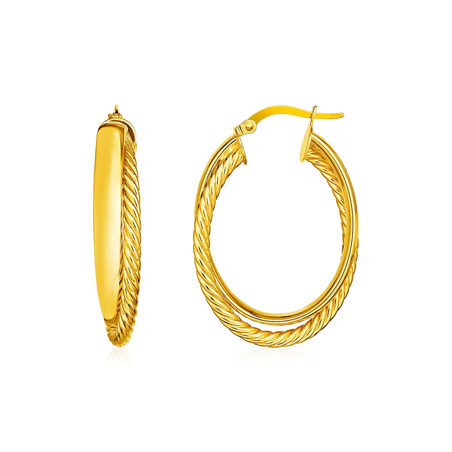 14k Yellow Gold Two Part Textured Twisted Oval Hoop Earrings in a sleek high-contrast midnight luxury editorial style