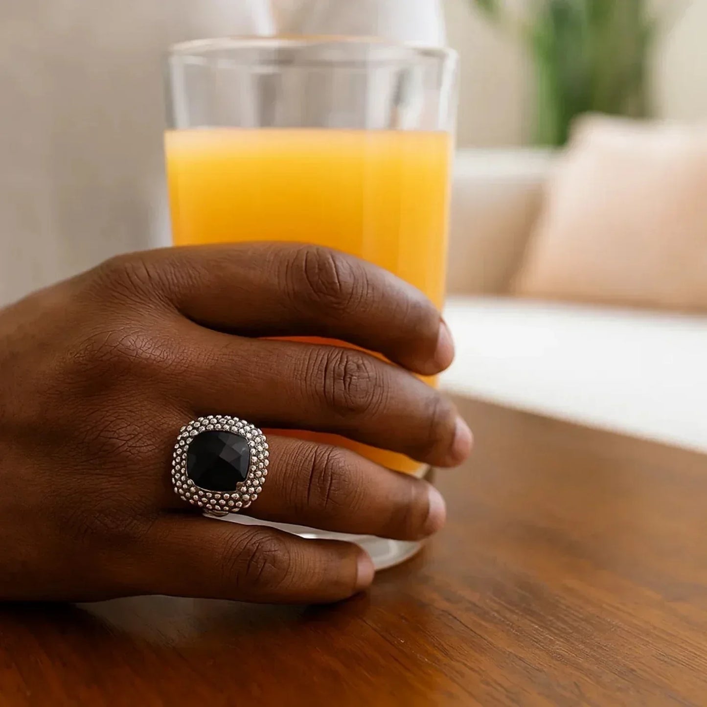 18k Yellow Gold & Sterling Silver Black Onyx and Diamond Popcorn Cushion Ring - Peelerie