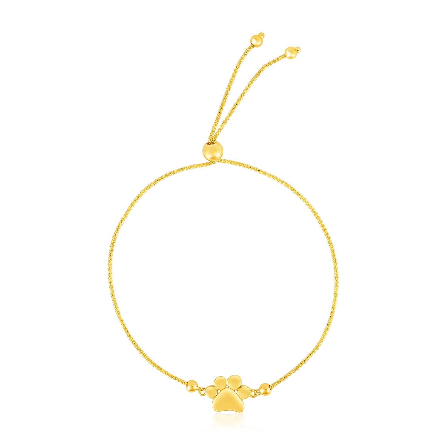 14k Yellow Gold Adjustable Paw Print Bracelet (1.10 mm) in a sleek high-contrast midnight luxury editorial style