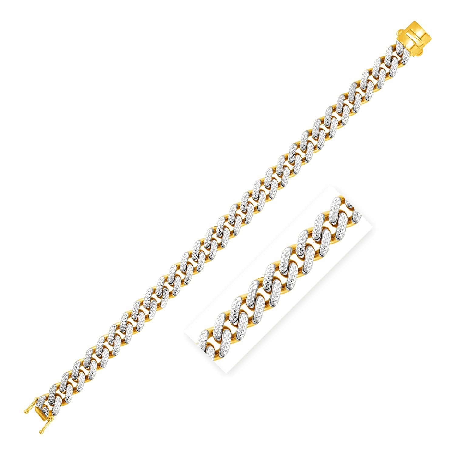 14k Two Tone Gold 8 1/4 inch Curb Chain Bracelet with White Pave (9.50 mm) in a sleek high-contrast midnight luxury editorial