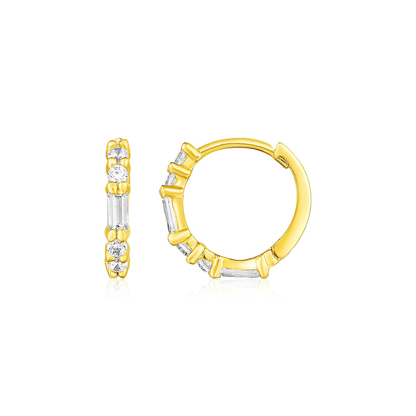 14k Yellow Gold Petite Hoop Earrings with Baguette Cubic Zirconias in a sleek high-contrast midnight luxury editorial style