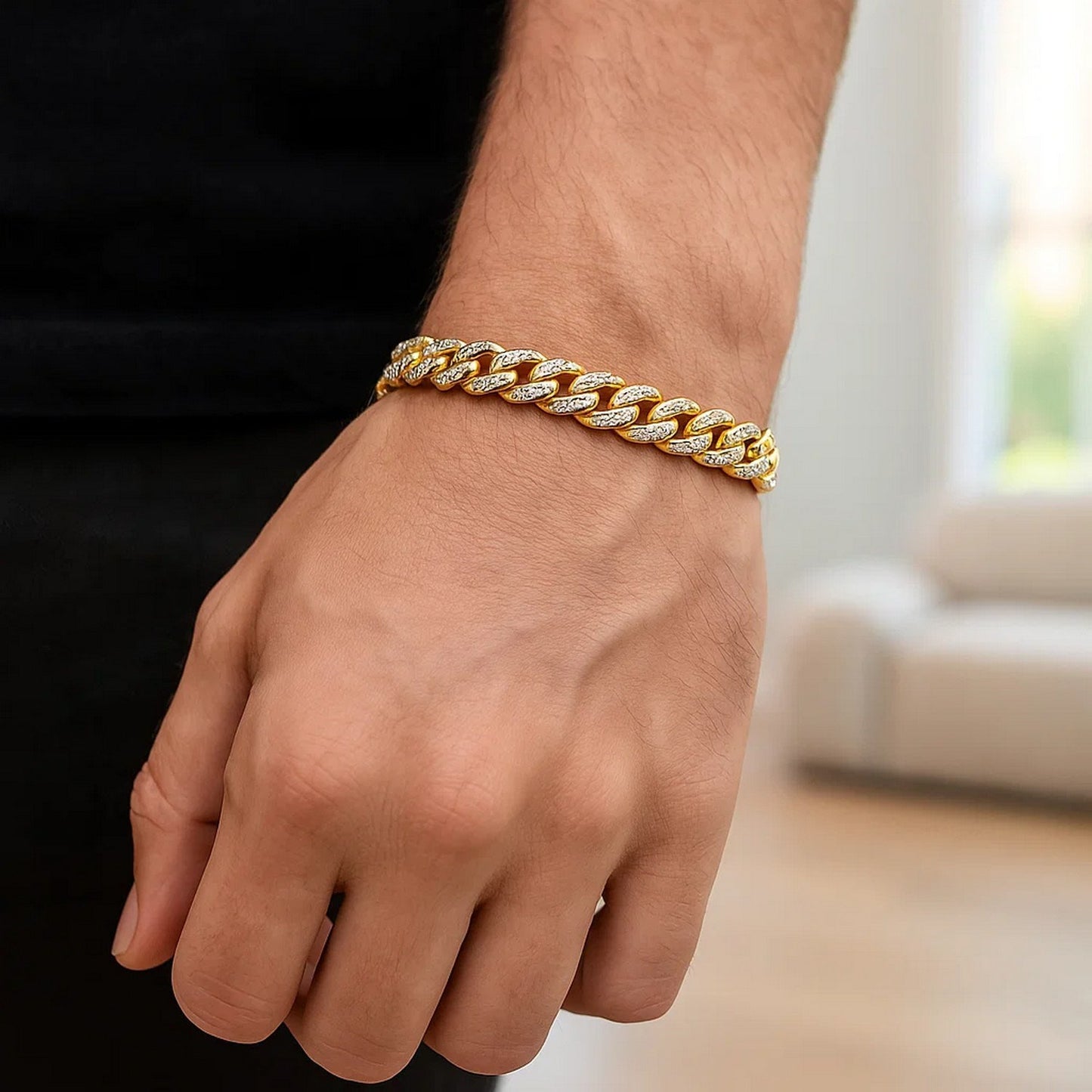 14k Yellow Gold White Pave High Polish Modern Lite Miami Cuban Bracelet(6.50 mm)