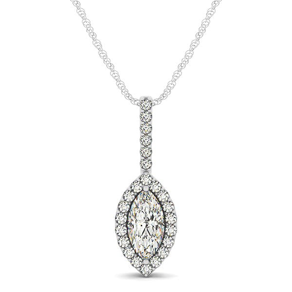 Marquis Shape Diamond Halo Pendant in 14k White Gold (2/3 cttw) in a sleek high-contrast midnight luxury editorial style