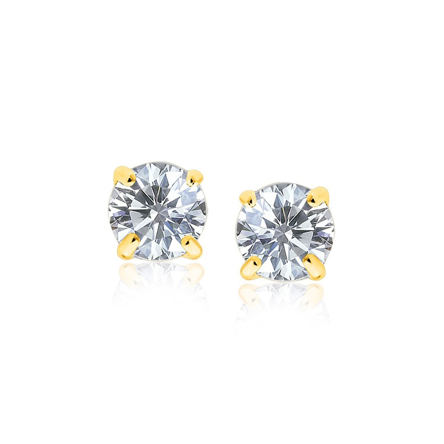 14k Yellow Gold Stud Earrings with White Hue Faceted Cubic Zirconia(7mm) in a sleek high-contrast midnight luxury editorial s