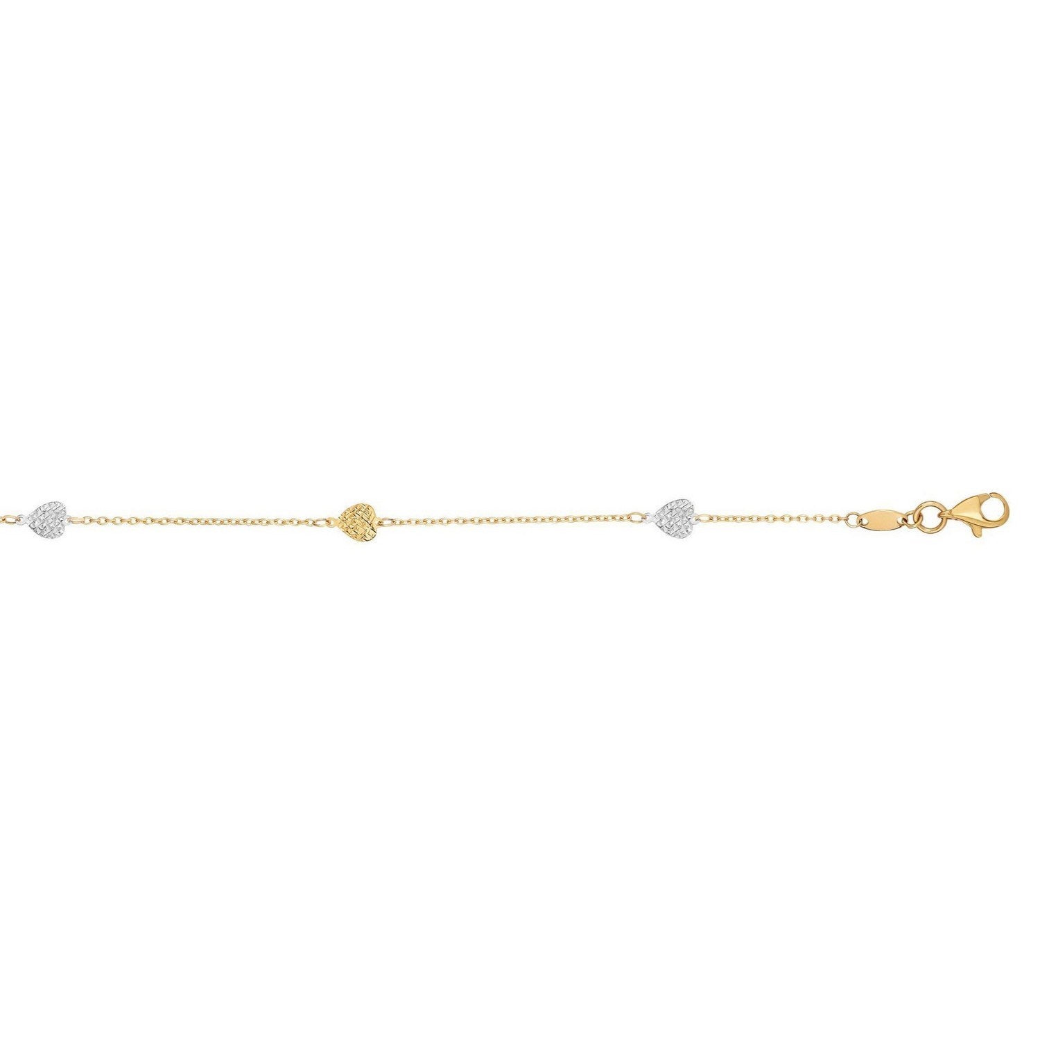 14k Two-Toned Yellow and White Gold Anklet with Textured Hearts - Peelerie