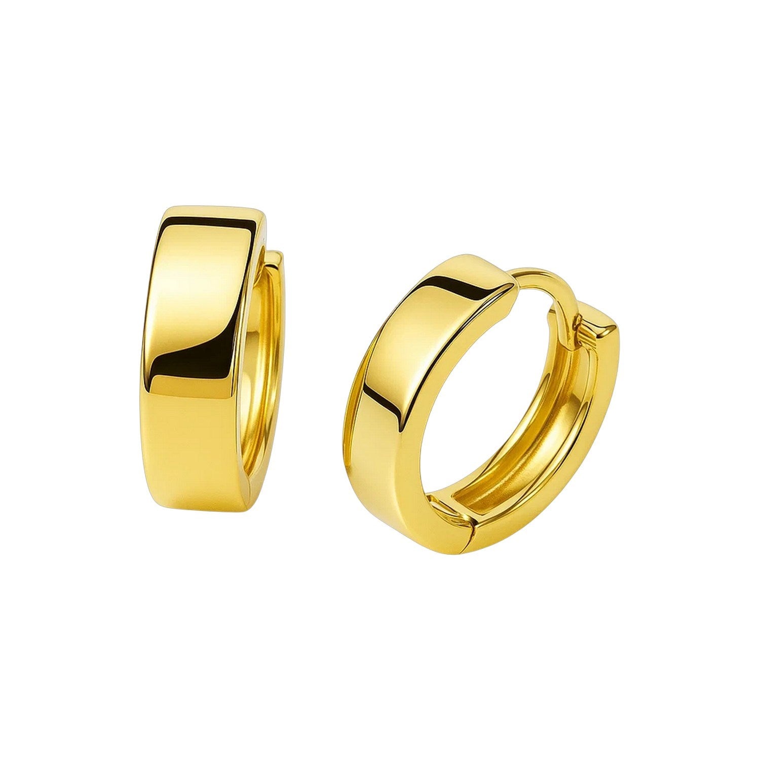 14k Yellow Gold Snuggable Hoop Earrings in a sleek high-contrast midnight luxury editorial style