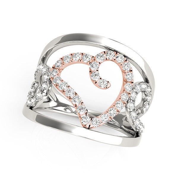 Heart Motif Filigree Style Diamond Ring in 14k White And Rose Gold (1/4 cttw) in a sleek high-contrast midnight luxury editor