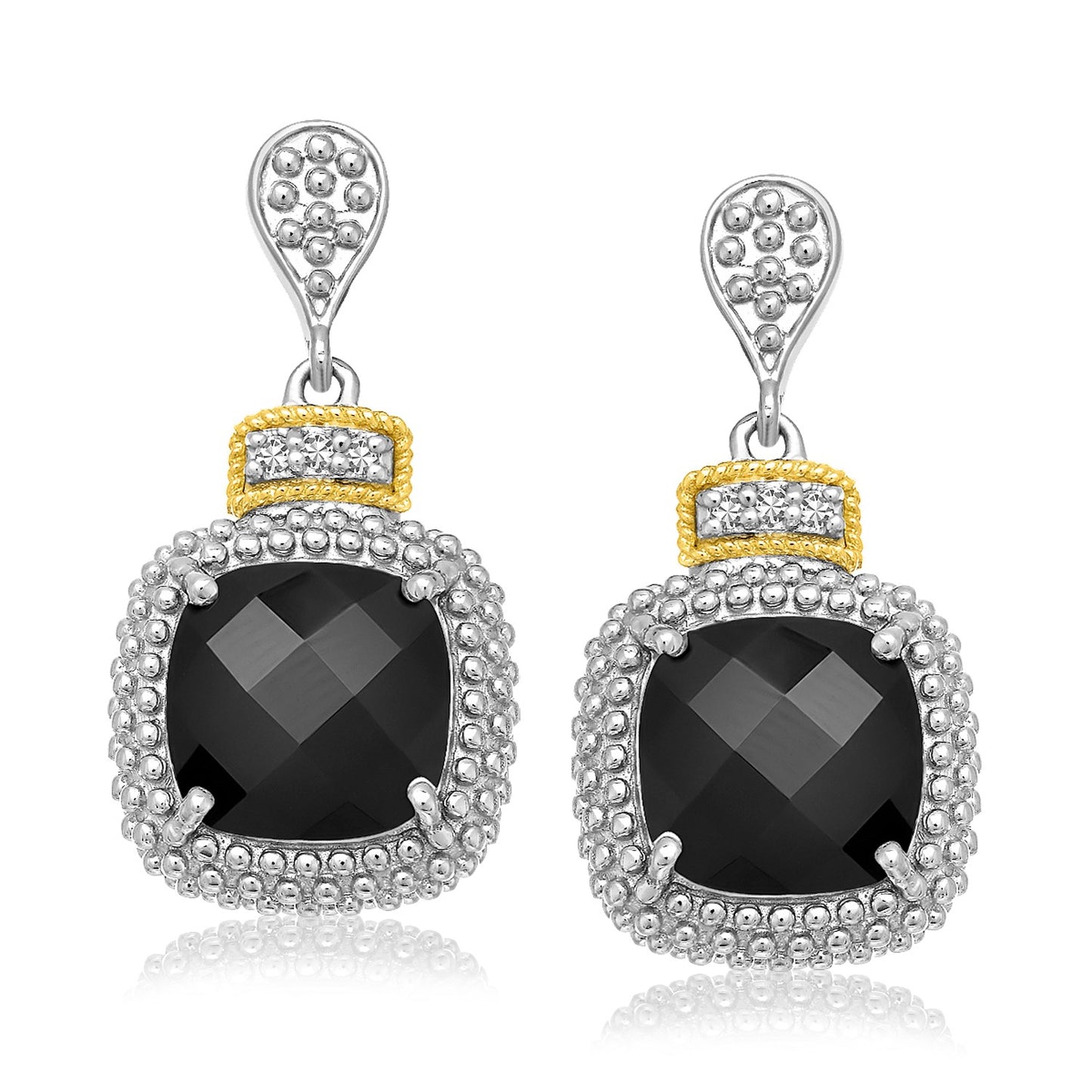 18k Yellow Gold & Sterling Silver Black Onyx & Diamond Earrings (.05cttw) in a sleek high-contrast midnight luxury editorial