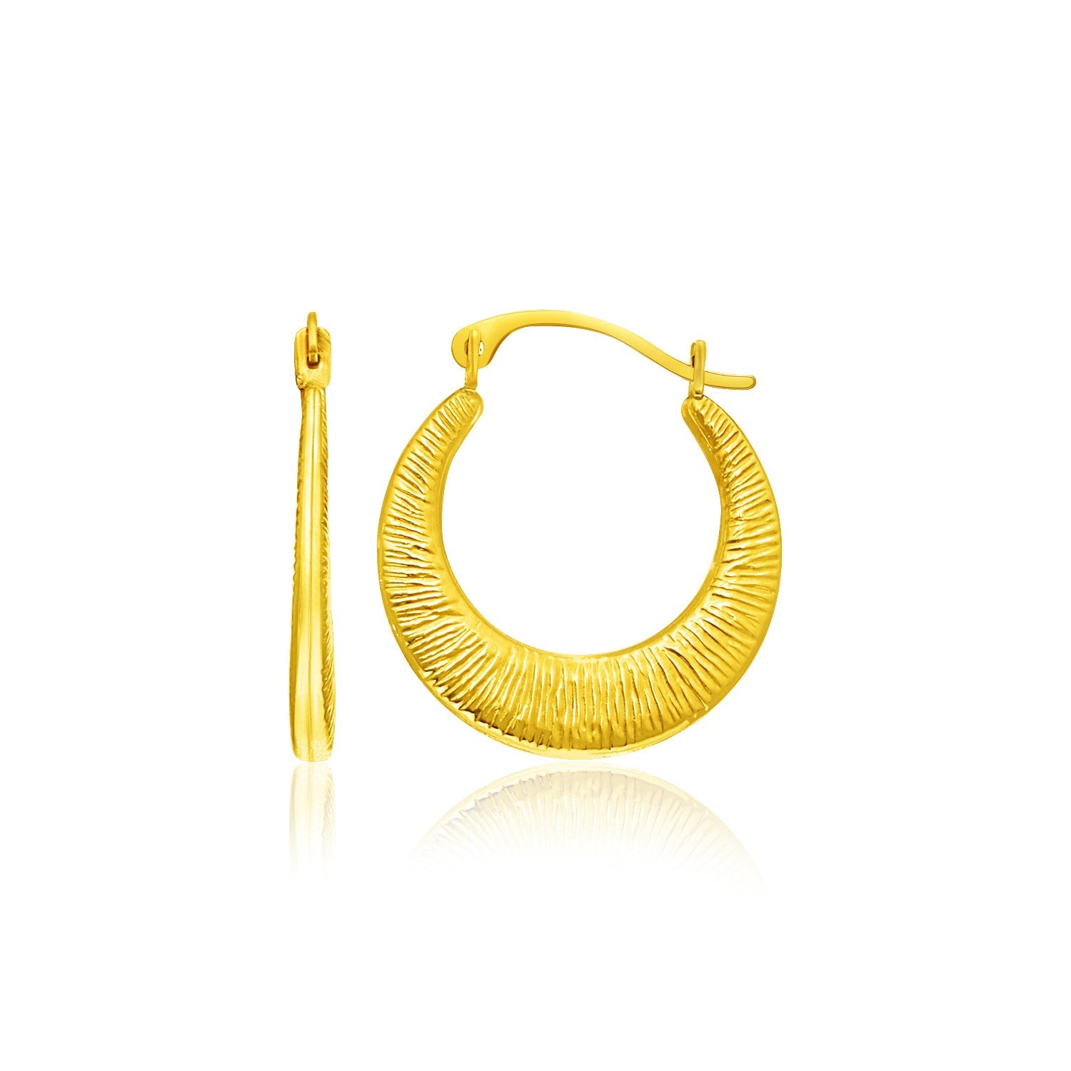 14k Yellow Gold Graduated Round Textured Hoop Earrings in a sleek high-contrast midnight luxury editorial style