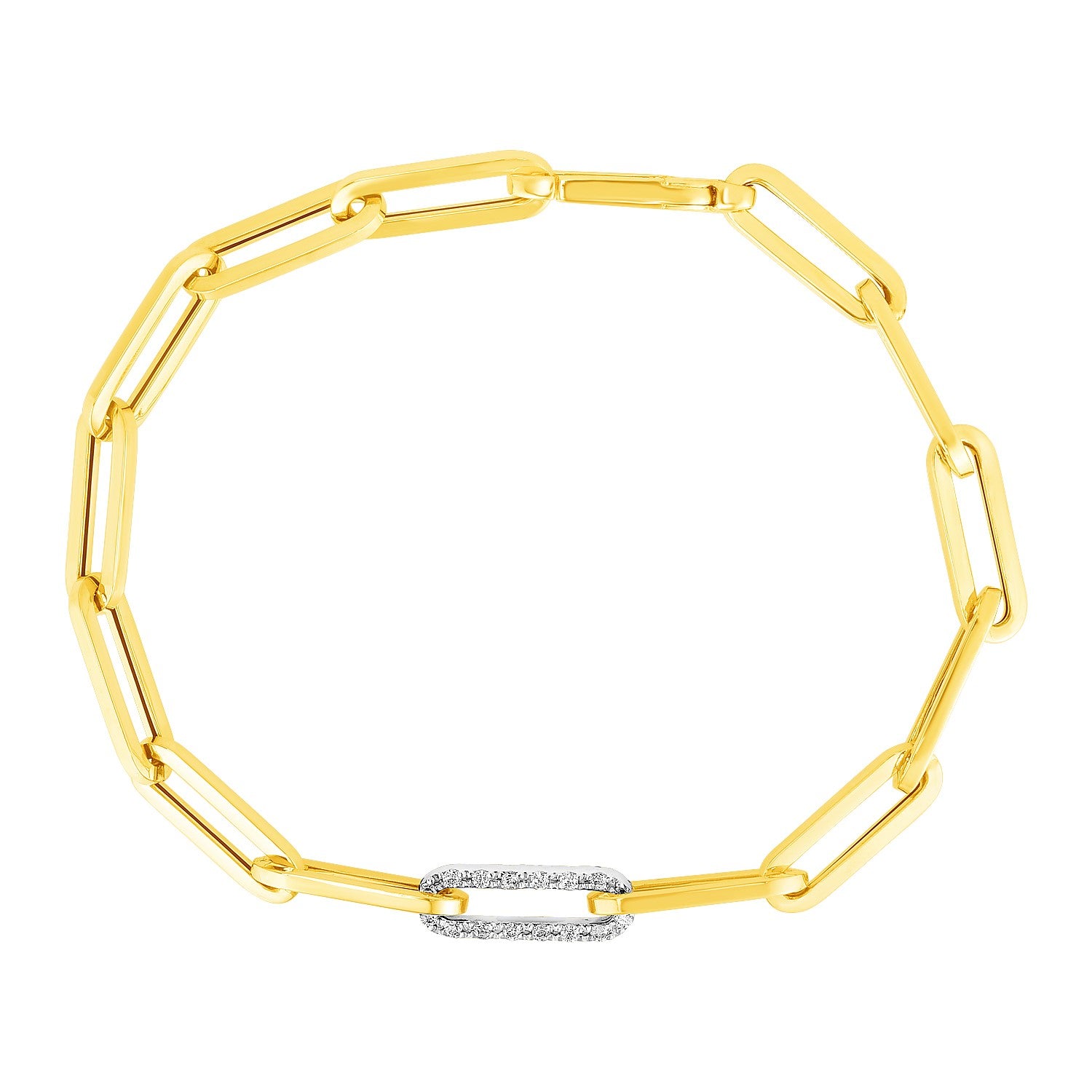 14k Yellow Gold Paperclip Chain Bracelet with Diamond Link (6.00 mm) in a sleek high-contrast midnight luxury editorial style