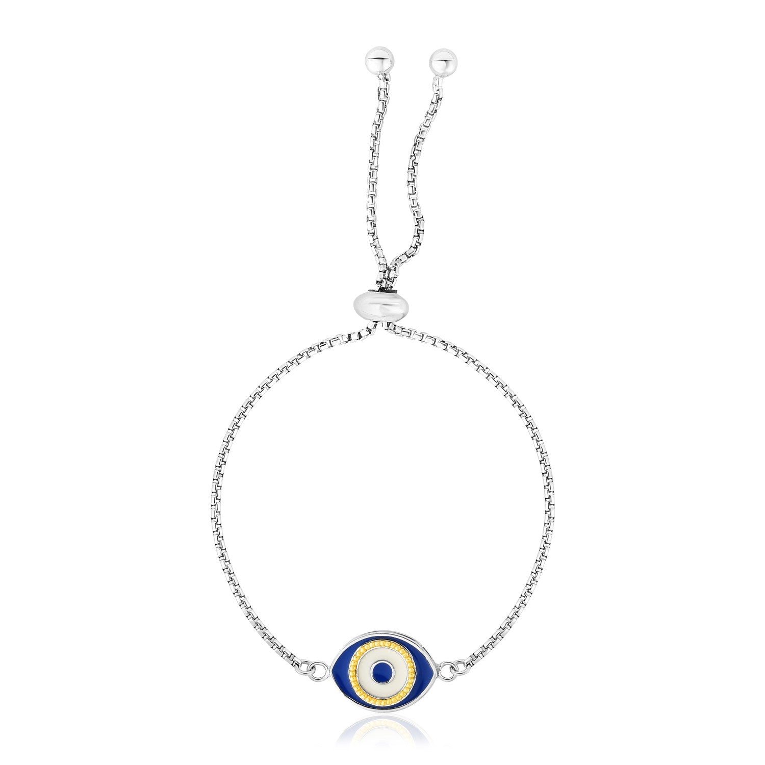 Sterling Silver Adjustable Two Toned Enameled Evil Eye Friendship Bracelet in a sleek high-contrast midnight luxury editorial