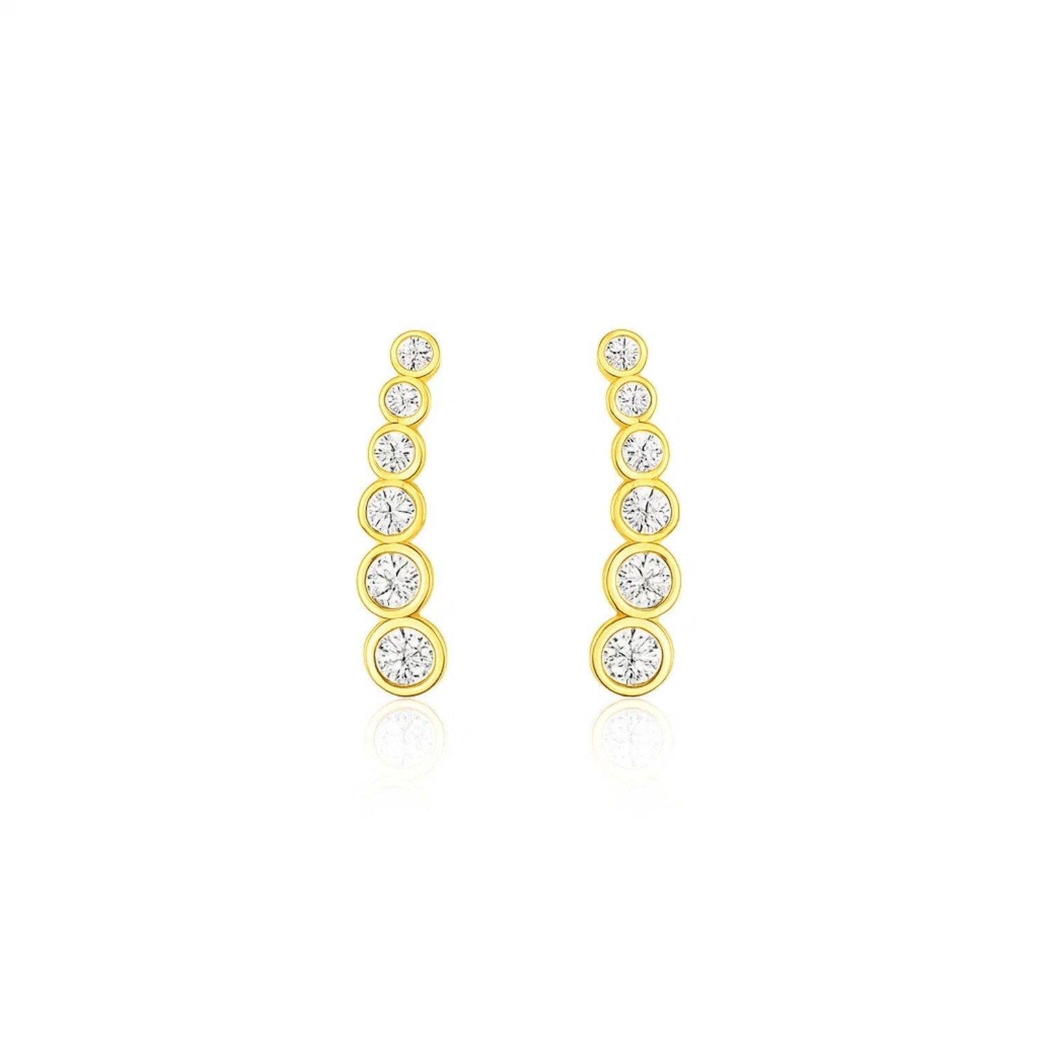 14k Yellow Gold Graduated Circles Climber Post Earrings with Cubic Zirconias in a sleek high-contrast midnight luxury editori