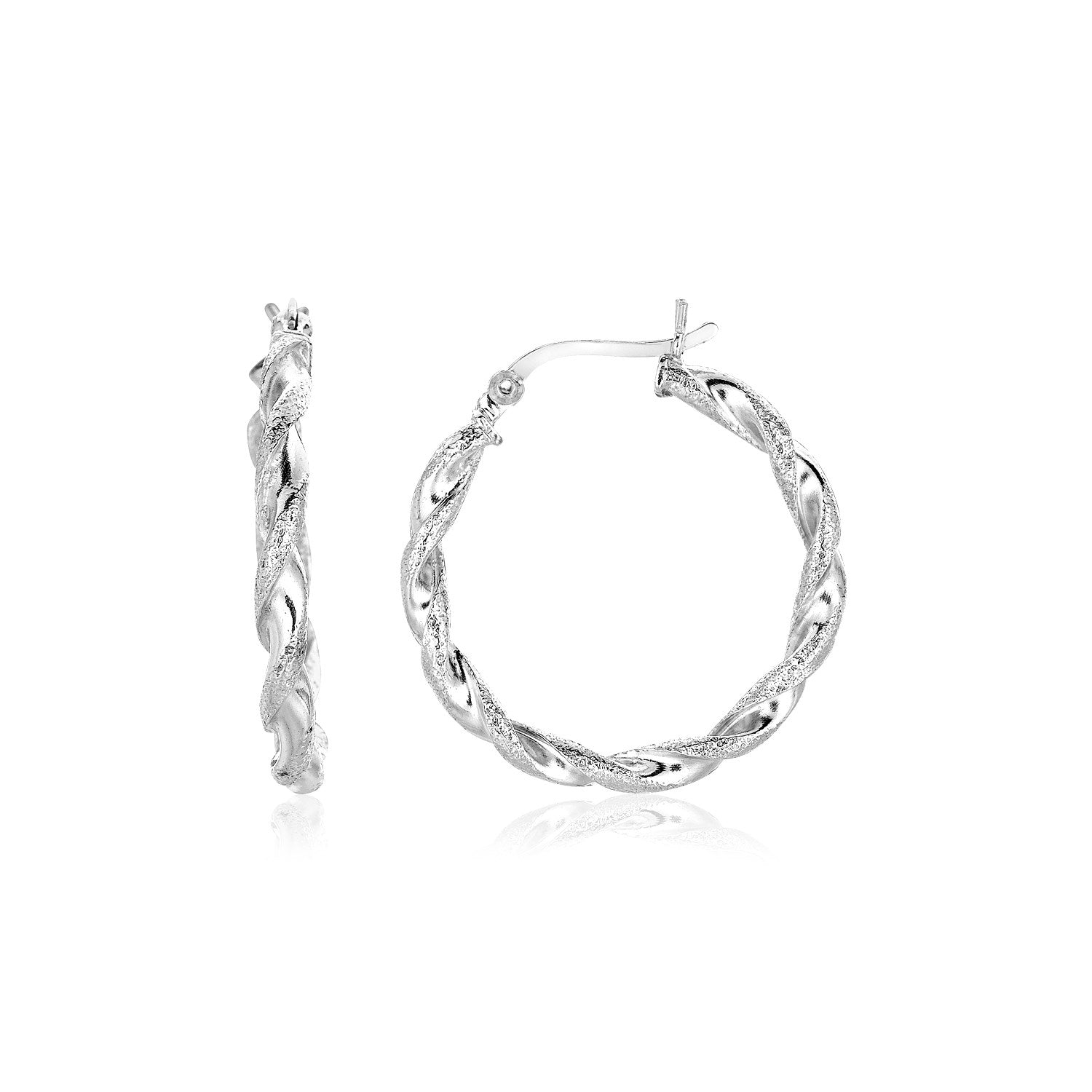 Sterling Silver Round Twisted Hoop Earrings(3x20mm) in a sleek high-contrast midnight luxury editorial style