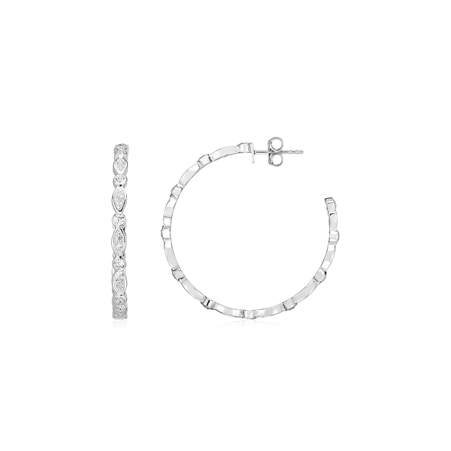 Sterling Silver Hoop Earrings with Round and Marquise Cubic Zirconias(2x30mm) in a sleek high-contrast midnight luxury editor