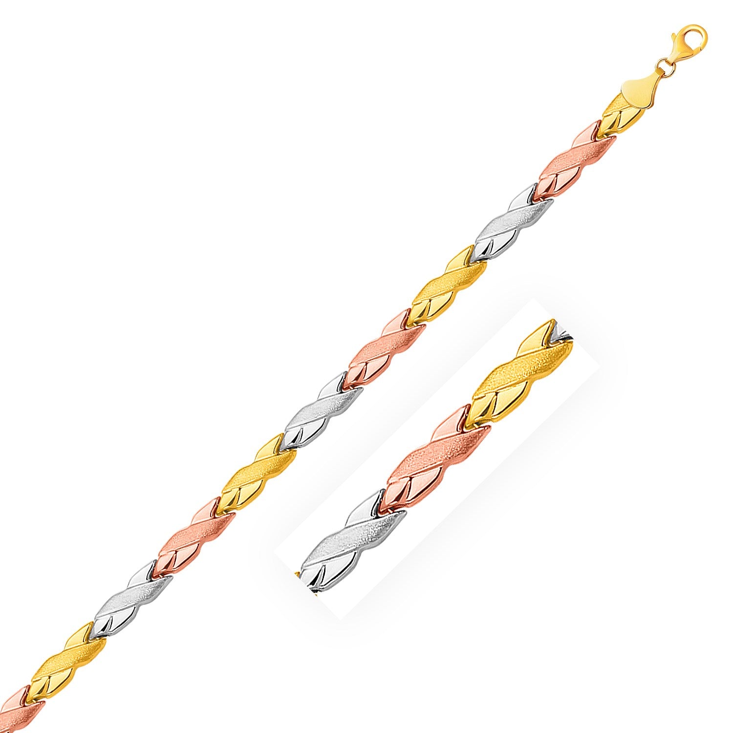 14k Tri-Color Gold Shiny and Textured X Link Bracelet (6.35 mm) in a sleek high-contrast midnight luxury editorial style