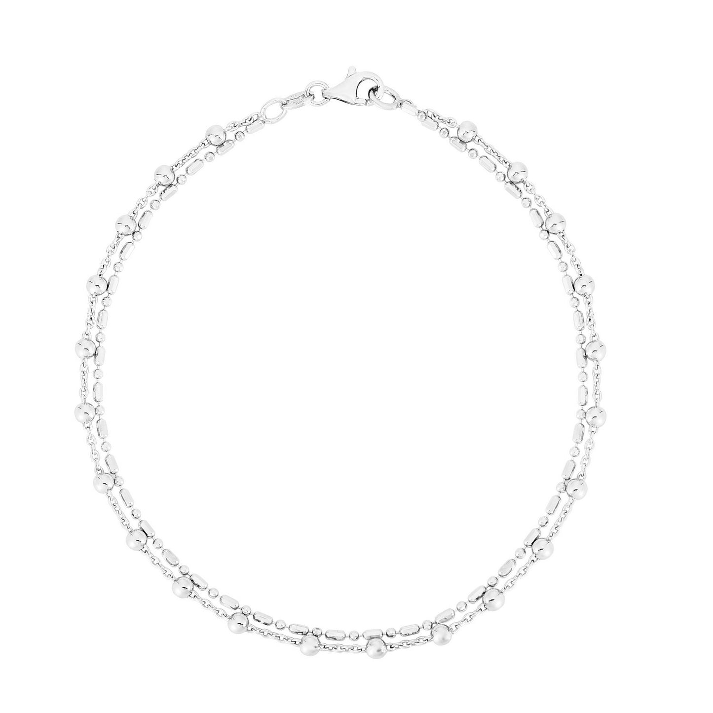 Sterling Silver Rhodium Plated Bead Double Strand Anklet