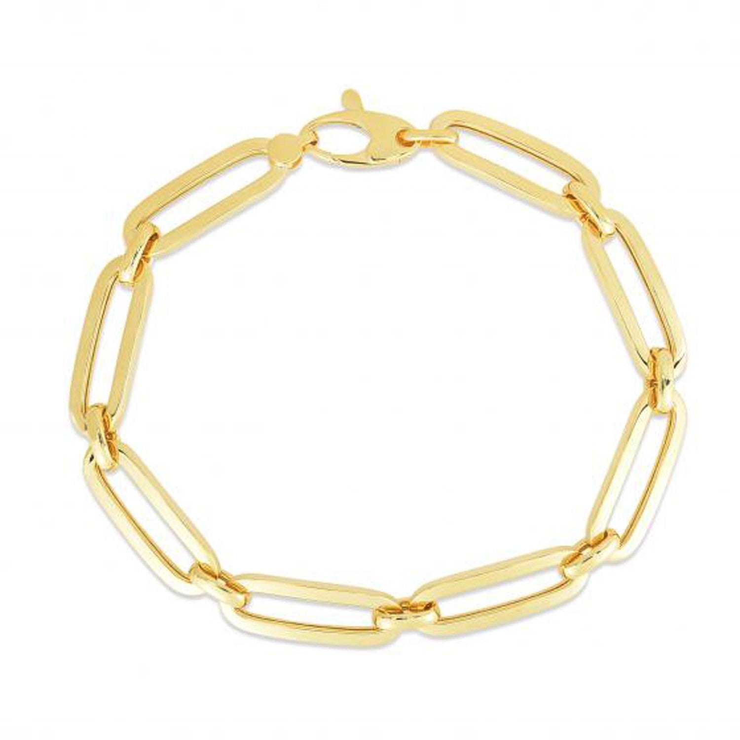 14k Yellow Gold 7 1/2 inch Bombay Paperclip Chain Bracelet (7.00 mm) in a sleek high-contrast midnight luxury editorial style