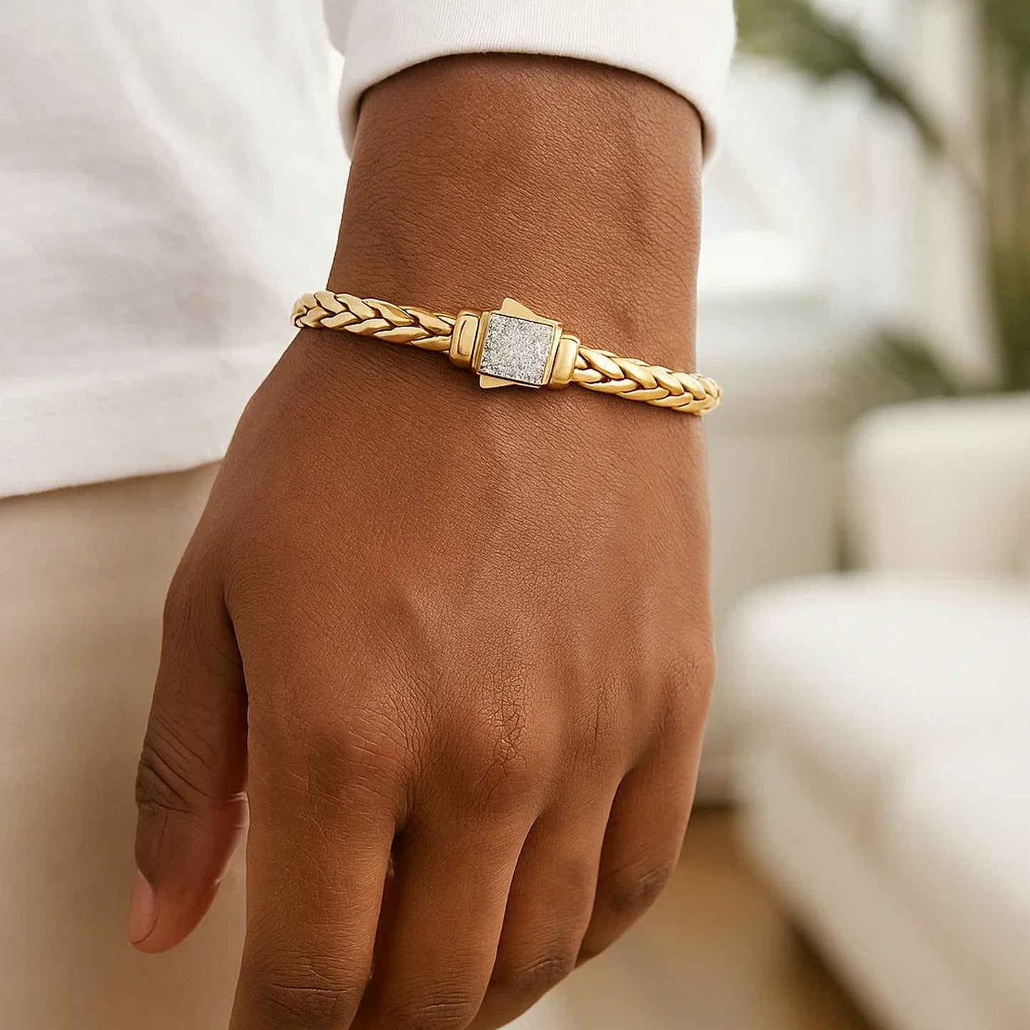 Woven Rope Bracelet with Diamond Accented Clasp in 14k Yellow Gold
