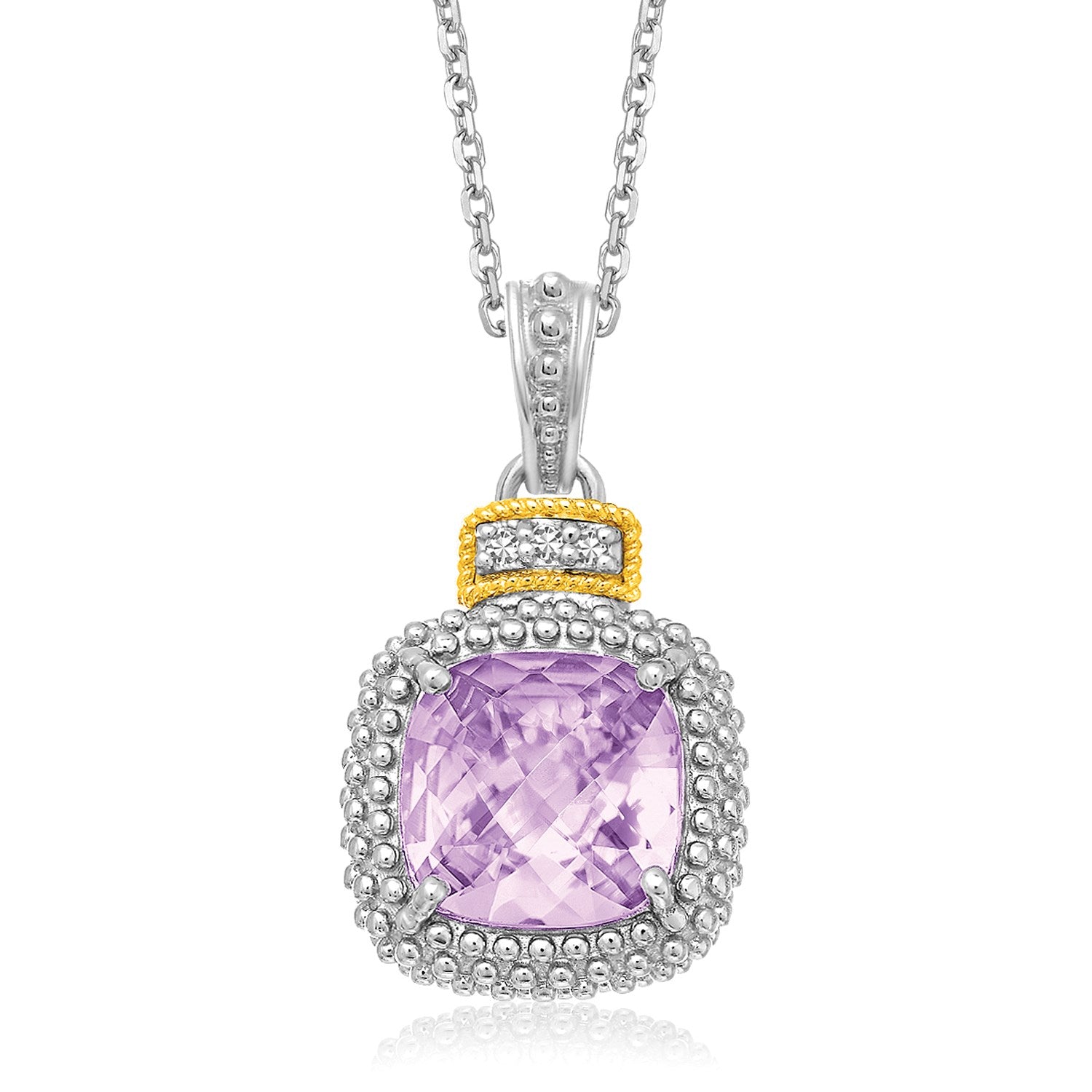18k Yellow Gold & Sterling Silver Cushion Amethyst and Diamond Pendant in a sleek high-contrast midnight luxury editorial sty