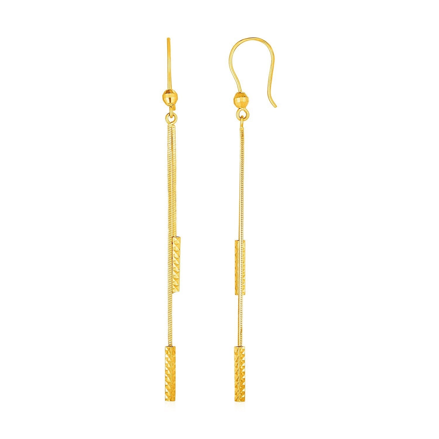 Textured Bar Long Drop Earrings in 14k Yellow Gold in a sleek high-contrast midnight luxury editorial style