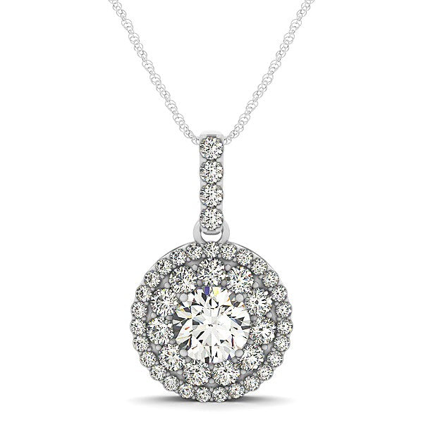 14k White Gold Diamond Halo Round Shape Pendant (1 1/4 cttw) in a sleek high-contrast midnight luxury editorial style